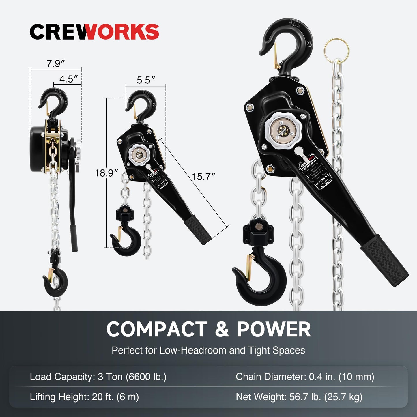CREWORKS Lever Chain Hoist, 3 Ton 6600 lb Capacity 20 ft Manual Chain Hoist with G80 Galvanized Chain & Swivel Hooks, Heavy Duty Manual Lever Hoist for Construction Warehouse Automotive Factory