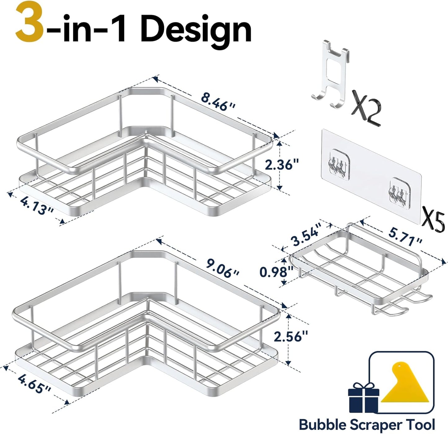 YASONIC Corner Shower Caddy Organizer - Rustproof Self-Adhesive Bath Shelves with Soap Holder & 4 Hooks | Large Capacity, Silver (3-Pack)