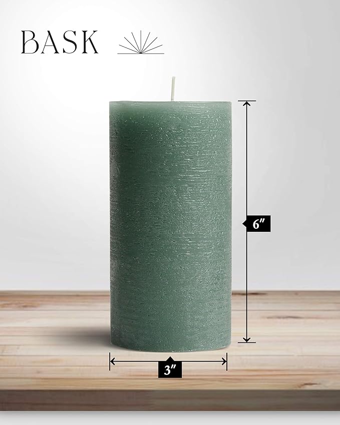 Mottled Pillar Candles by Bask - Set of 6-3" x 6" Dripless Unscented Candles in Dark Green for Home Decor, Relaxation & All Occasions