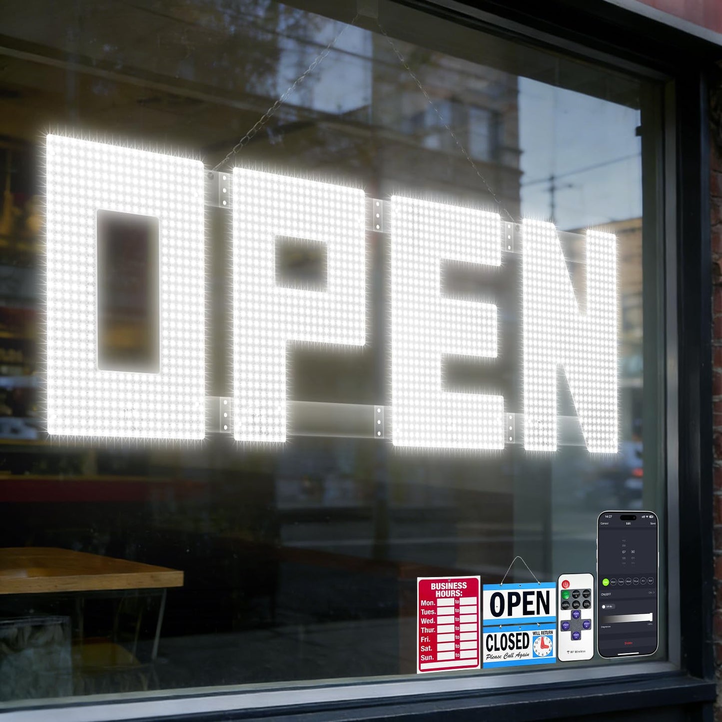 50"x17" Large LED Open Sign with Remote and Bluetooth App, Super Bright Open Signs for Business, Dimmable Big Open Sign for Storefront Window Bar Salon Cafes Retail Shops White
