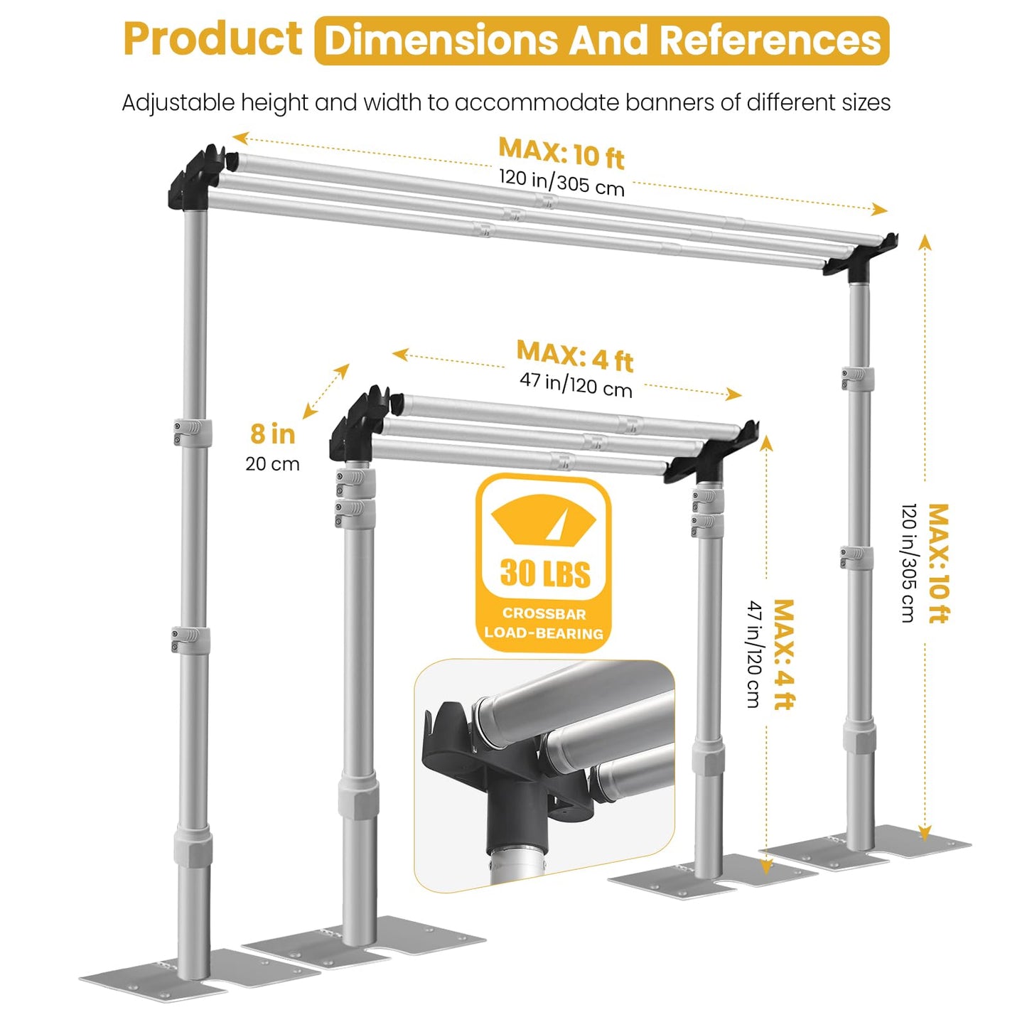 Jiang&Rong 10x10Ft Three Crossbar Backdrop Stand - Heavy Duty Adjustable Metal Frame with Drape Kit, Photographic Studio Backdrop Stand for Wedding, Birthday Party, Banquet Decorations, Events
