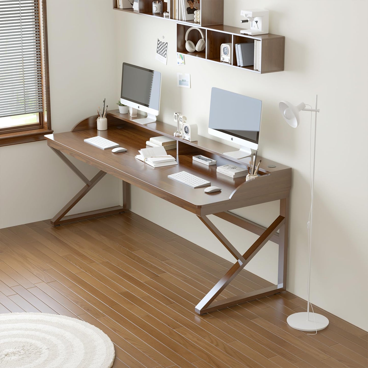 OSCHF Long Desk with Monitor Stand - 71" Double Long Computer Table for 2-Person Workstation, Large Writing Study Work Desk for Home and Office, Walnut