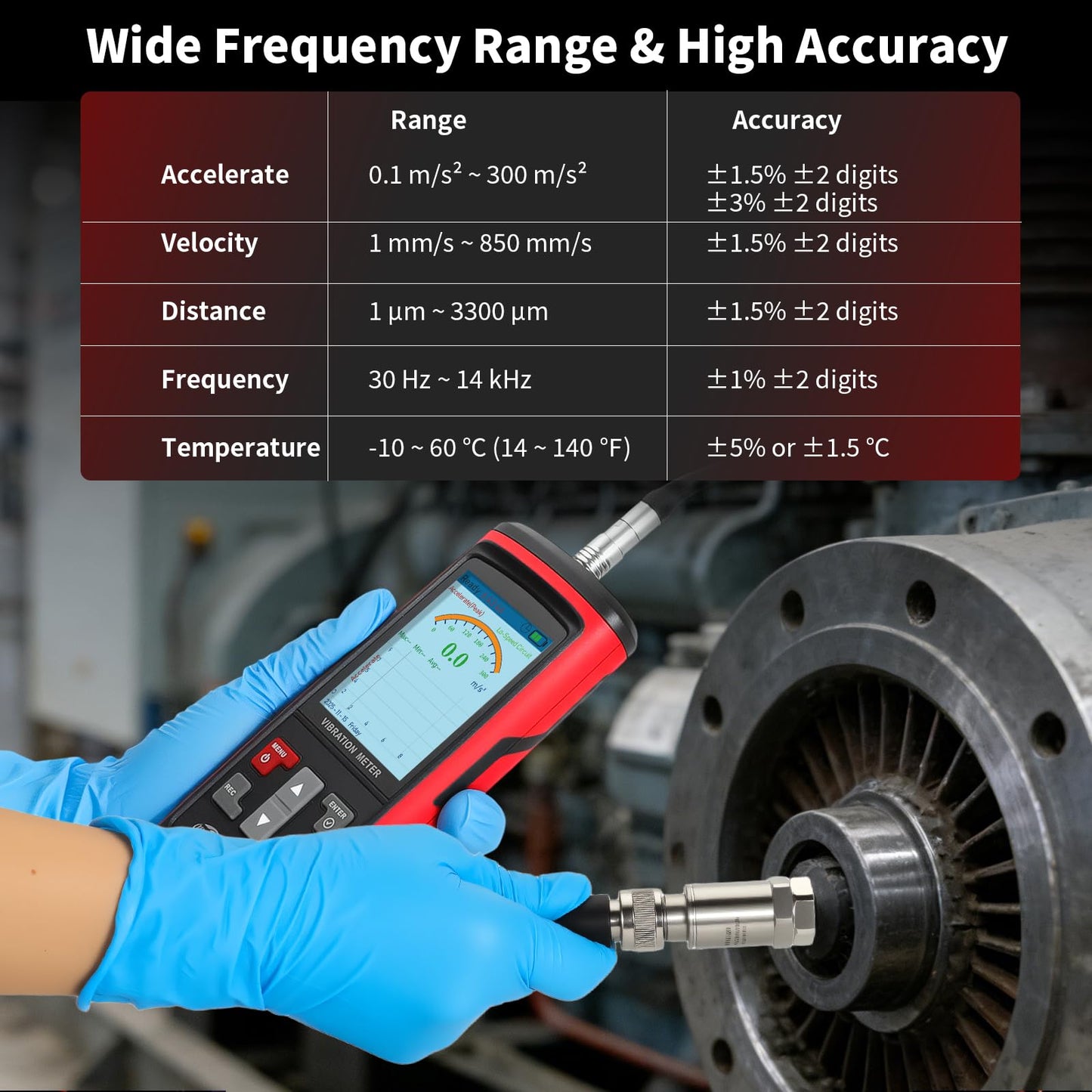 CHENNTAI Portable Digital Vibration Meter, with TFT Smart Screen 397000 Data Storage for Accurate Measurement of Acceleration Velocity Displacement Frequency Temperature