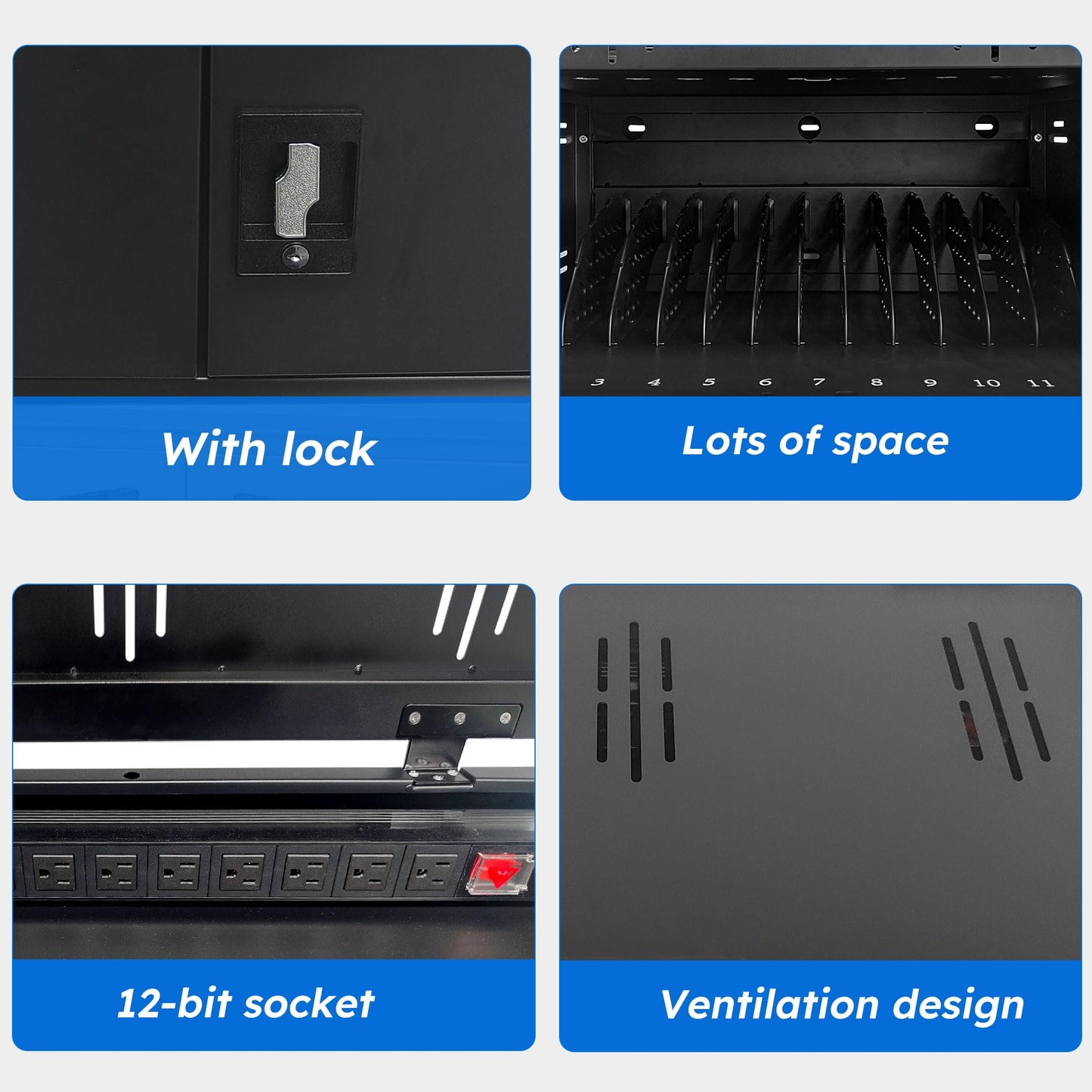 12 Device Charging Station for Laptops & Tablets, Portable Lockable Charging Cabinet Lock Box with Cable Management,Fits 17in Laptop Computers Chromebooks, for Classroom, Library, and Office(Black)