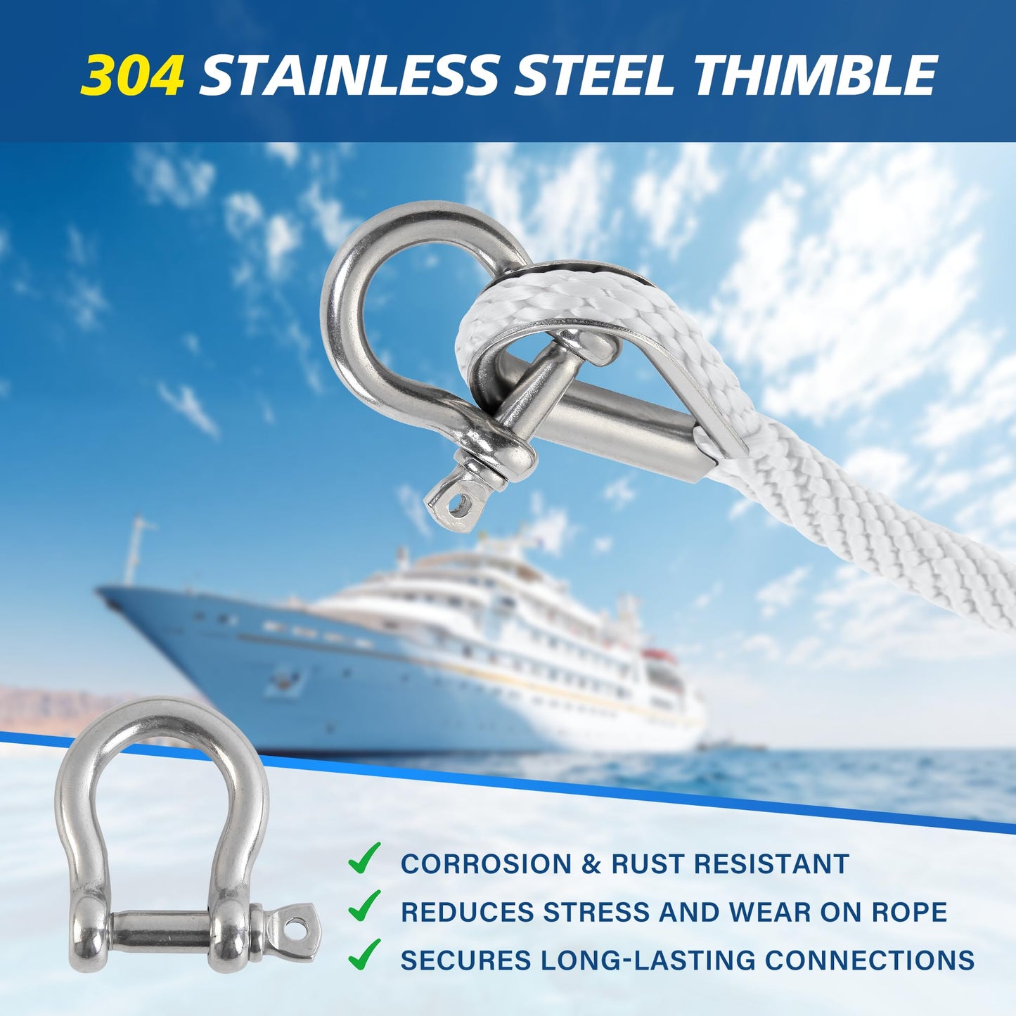HOPESEILY 3/8 x 100FT Boat Anchor Rope, Premium Solid Braid MFP Marine Line with Stainless Steel Thimble & Shackle for Boats Jet Ski Yacht Dock, Heavy Duty (White)