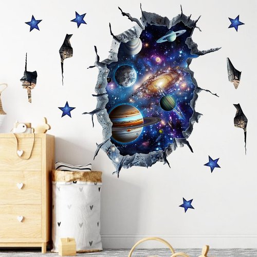 Mfault Outer Space 3D Broken Wall Decals Stickers, Universe Galaxy Planets Stars Nursery Decorations Kids Bedroom Art, Solar System Baby Boys Toddlers Playroom Home Decor