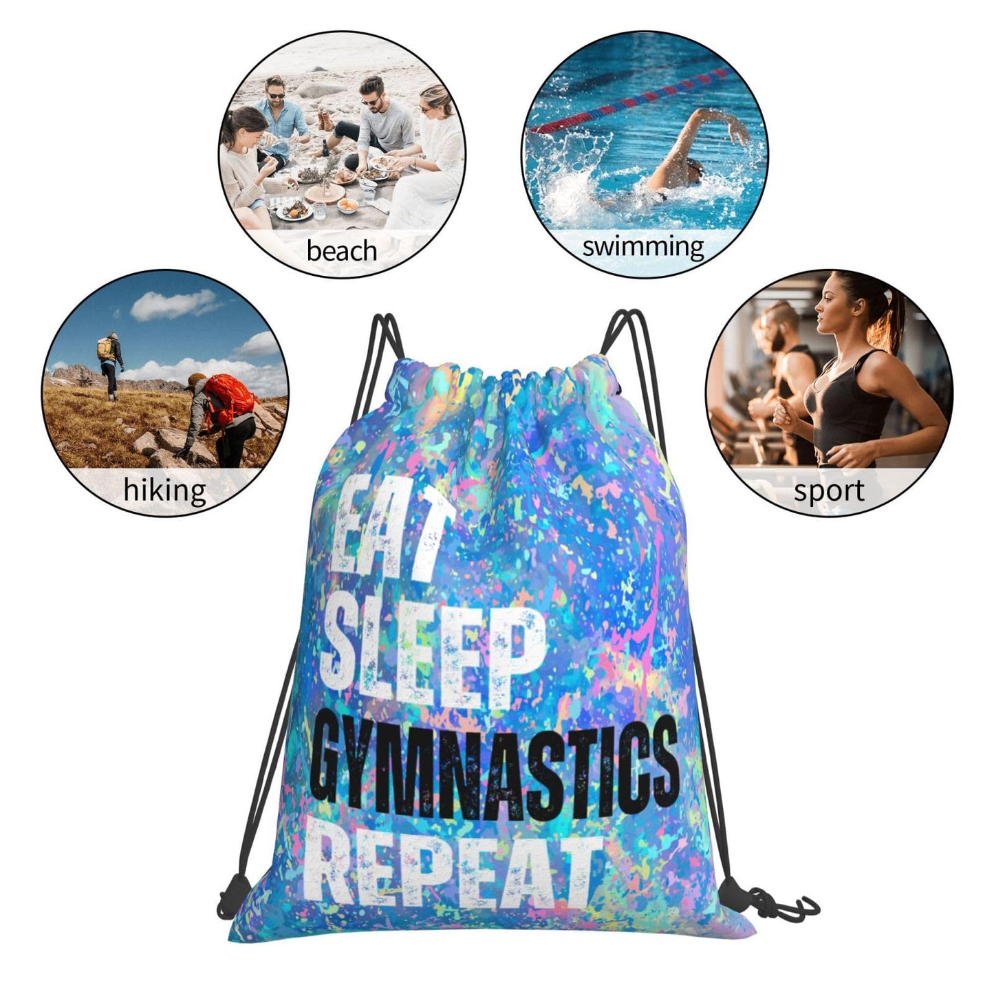 Qiohoey Eat Sleep Gymnastics Repeat Drawstring Backpack Gym String Bag Sports Drawstring Sackpack For Women Men