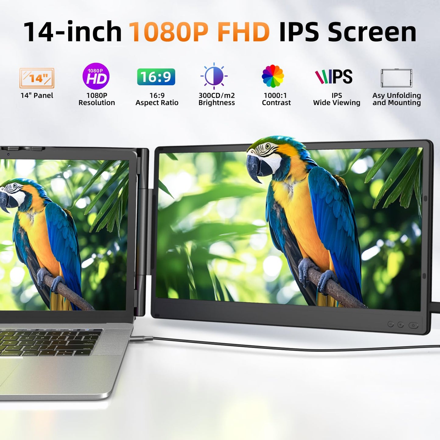 ZUMWALT Laptop Screen Extender, 14" Triple Portable Monitor for Laptop, 1080P FHD Screen Extender Monitors for 13"-16.5", Monitor Extender for MacOS/Windows/Chrome (Built-in Speakers)