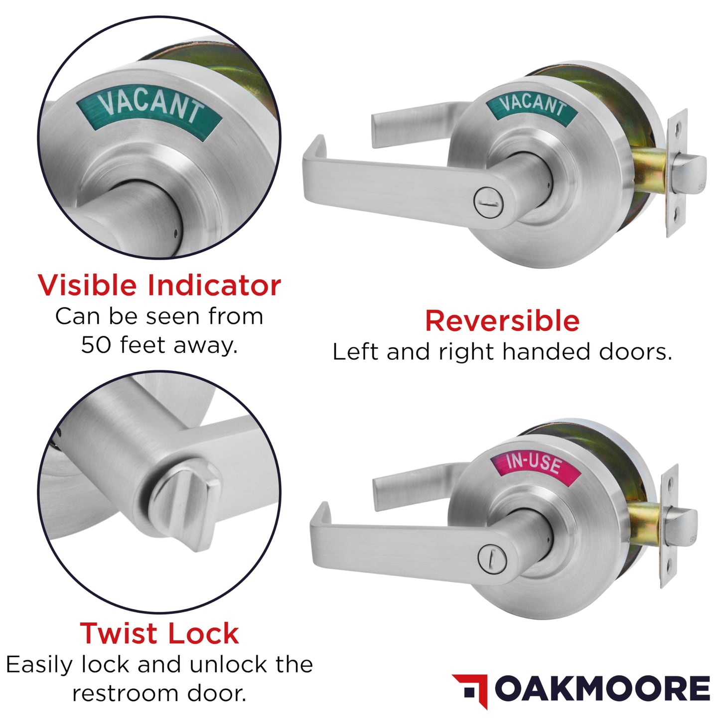 OAKMOORE Commercial Bathroom Door Handle with Indicator Lock | Privacy Commercial Locks for Public Restrooms | Vacancy Indication Occupied Deadbolt | Industrial Door Handle Bathroom Door Lock