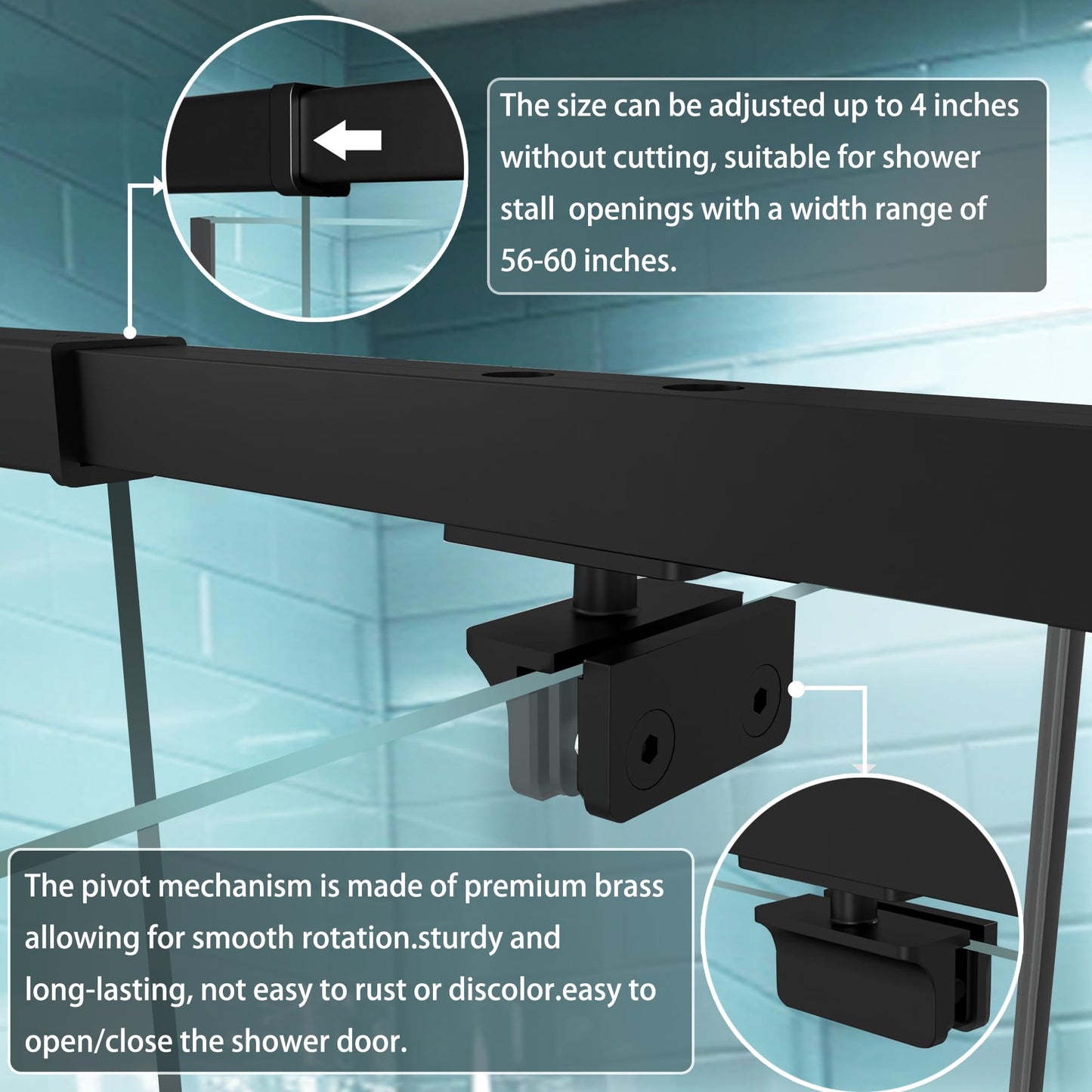 GroGro 56-60" W x 71" H Semi-Frameless Pivot Swing Glass Shower Door,Pivot Shower Door with 1/4" (6mm) Clear SGCC Tempered Glass,Matte Black Finish,Reversible Installation
