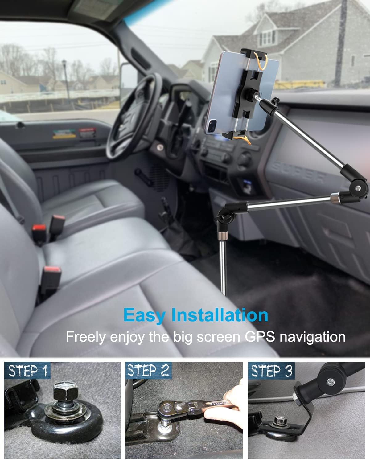 woleyi 35" 4-13" Car/Truck Seat Rail Tablet Mount, Heavy Duty Car Floor Bolt Tablet Holder, Vehicle Front Seats Stand