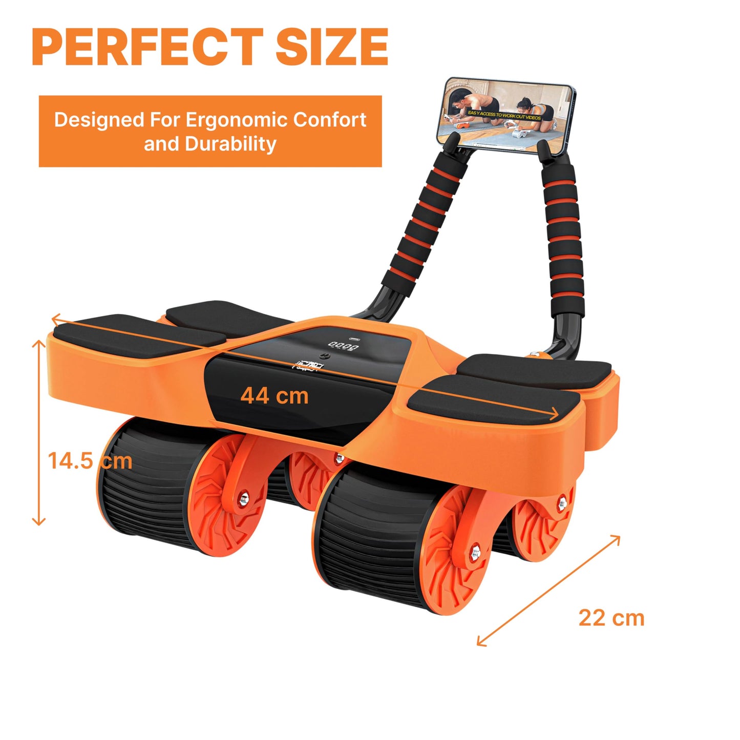 4-Wheel Abdominal Roller with Elbow Support: Latest Upgraded High-Performance Exercise Machine with Automatic Rebound, Multi-Layered Anti-Slip Design with Built-in Workout Tracker, Orange & Black