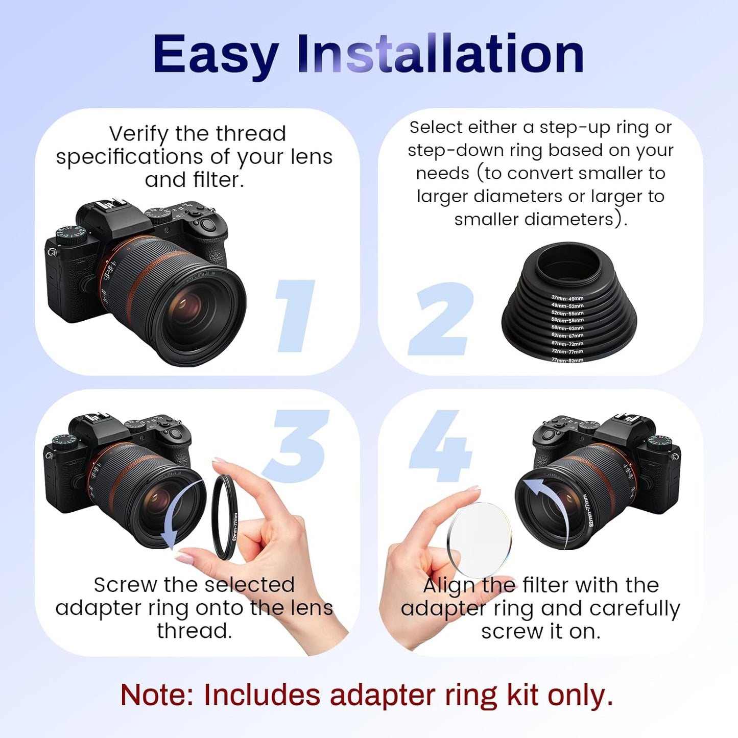 Wokyo 82mm-37mm 82mm 37mm Step Down Lens Filter Adapter Ring, Camera Lens Filter Metal Stepping Rings Kit Black
