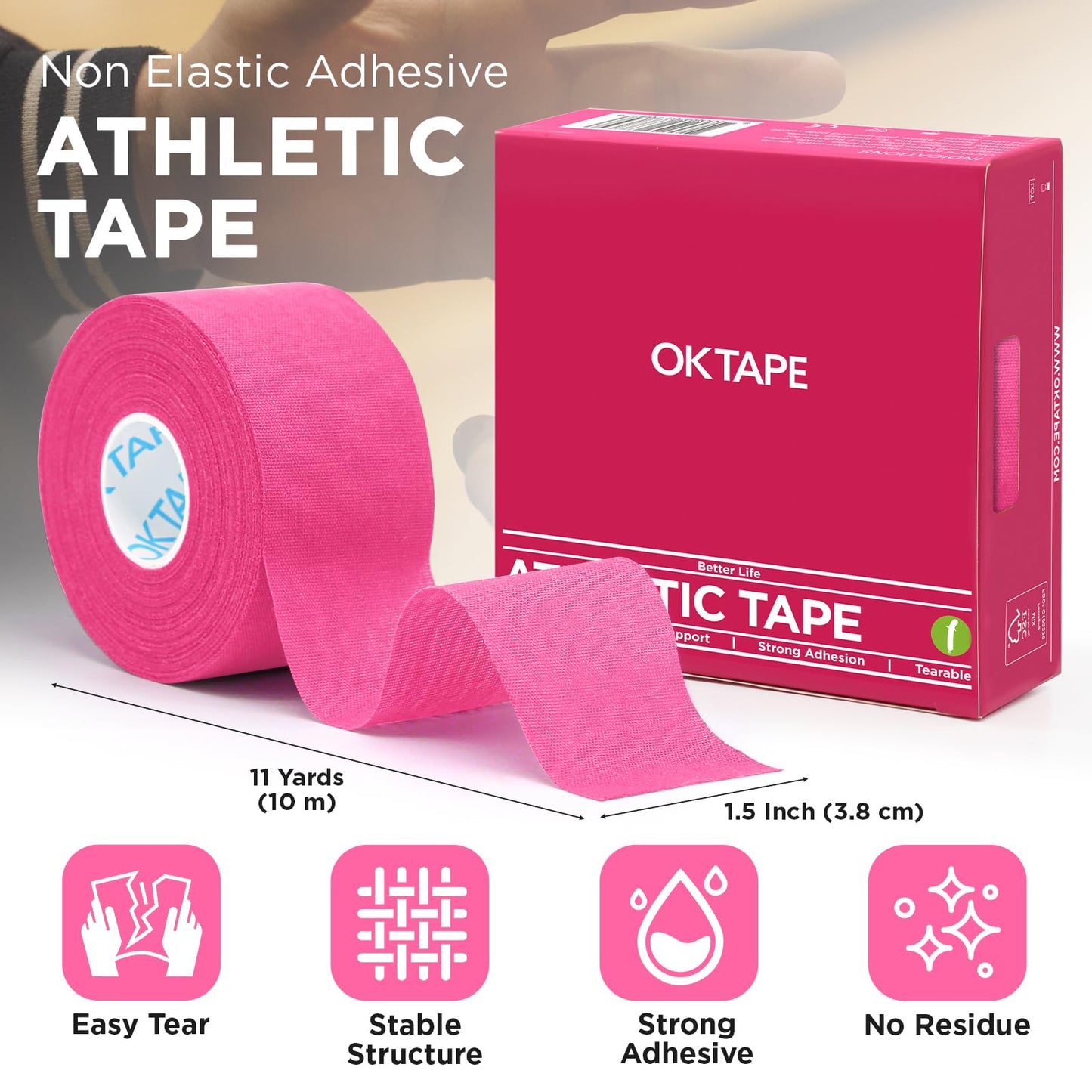 OK TAPE Athletic Sports Tape（4 Packs) Pink- 32.8ft Per Roll Athletic Tape for Injuries,Strong Stick No Residue Athlete & Sport Trainers First Aid Injury Wrap, Hockey Stick