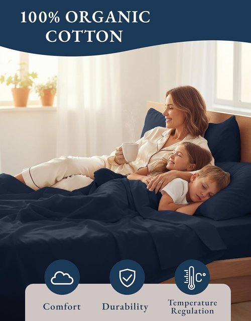 LANE LINEN Eco-Friendly 100% Organic Cotton Full Sheet Set - Soft, Fade-Resistant, Naturally Cooling, Navy