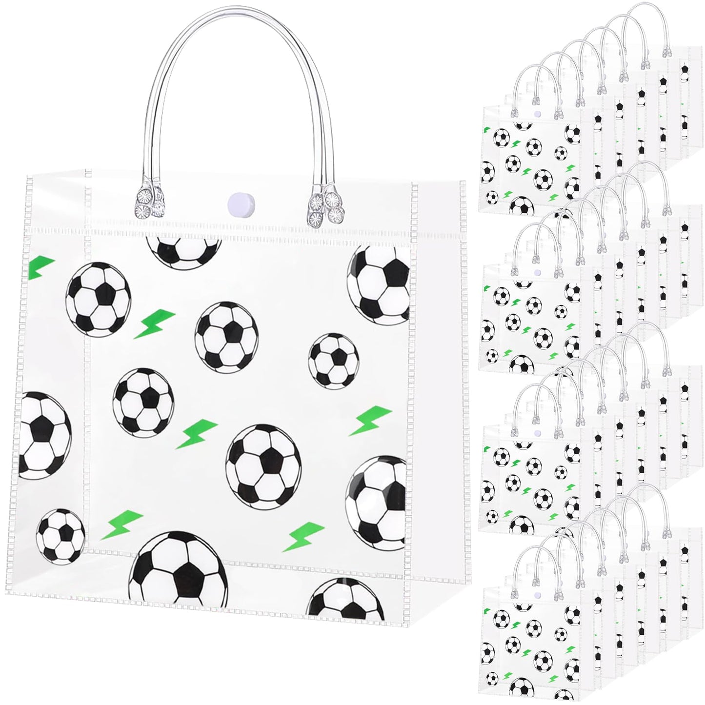 24Pcs Soccer Clear Goodie Bags - 7.9 x 7.9 x 3.15 Inch Plastic Favor Bags with Handles for Soccer Sport Theme Birthday Party, Team Treat Snack Bag, Gifts Bags for Team Celebration, Sports Party Supplies