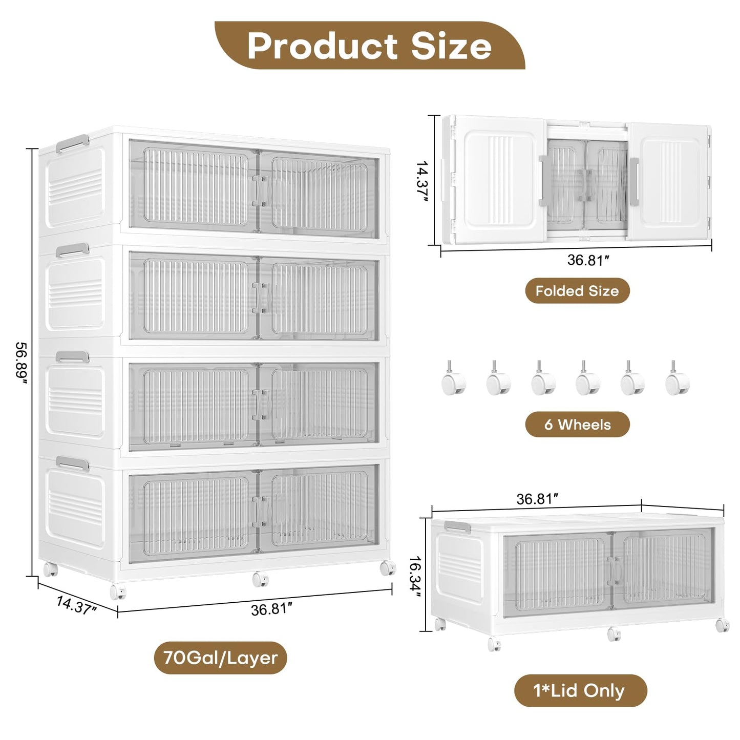 QAVAHIDUS 280Gal Extra Large Stackable Storage Bins with Lid (4-Pack), 1120QT Foldable Organizer with Clear Magnetic Doors & Wheels, Plastic Cabinet for Bedroom, Garage, Dorm, Closet, Home, Kitchen