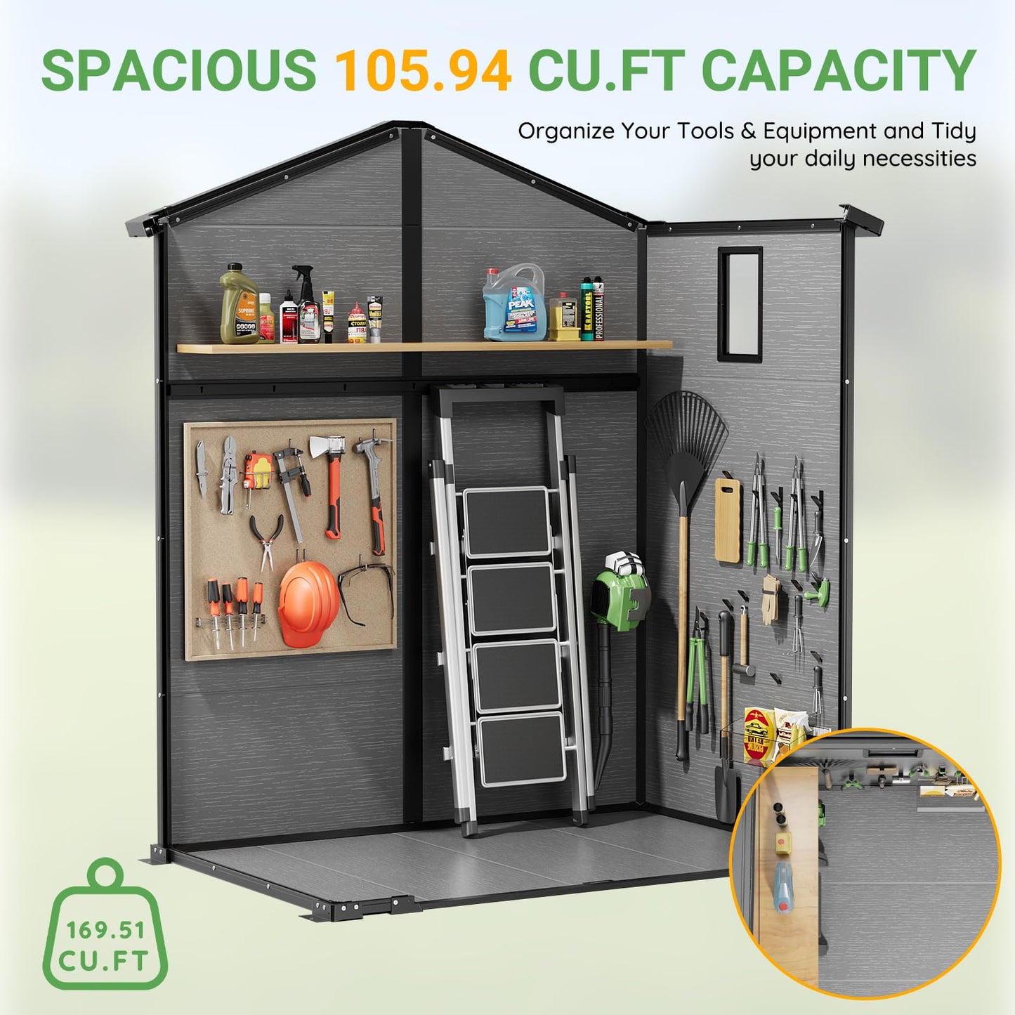 6x4 FT Plastic Storage Shed with Floor, Easy Setup Outdoor Resin Shed Garden Shed Outside Storage with Windows and Lockable Doubles Doors for Lawn Mower, Bike, Tool Storage