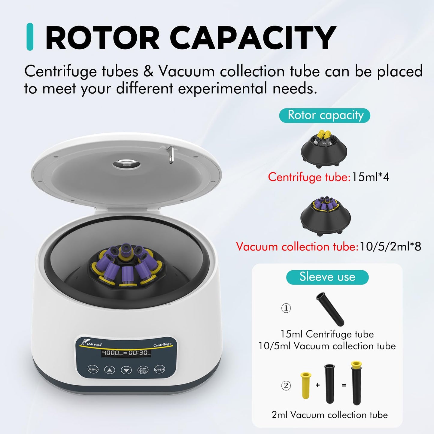 LAB FISH PRP Centrifuge Machine LC-400 8 * 2ml/5ml/10ml, 4 * 15ml Lab Tubes | Low Speed Control 500-4000RPM,Max 1717xg | Timer Function 30sec-59min