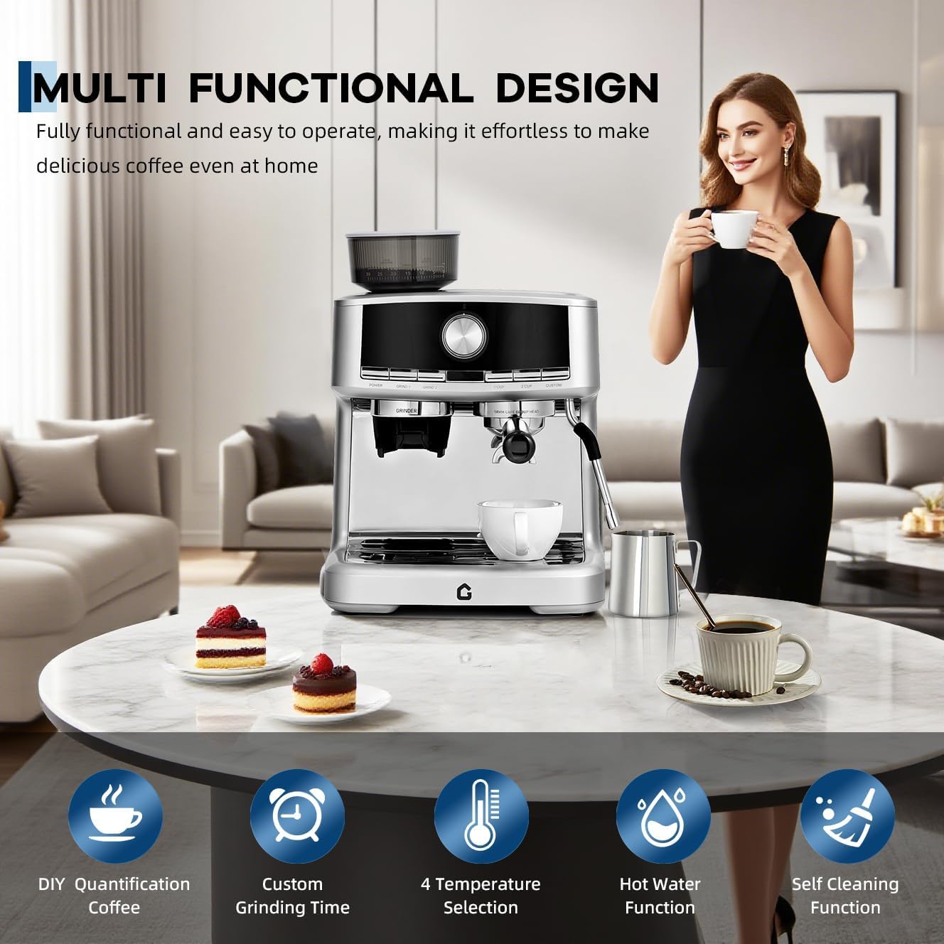 ExploreHorizon 20 Bar Espresso Machine with Built-In Grinder & Milk Frother, 1.5L Removable Water Tank, Adjustable Shot Volume & 30 Grind Settings for Home or Office Use, Stainless Steel Silver