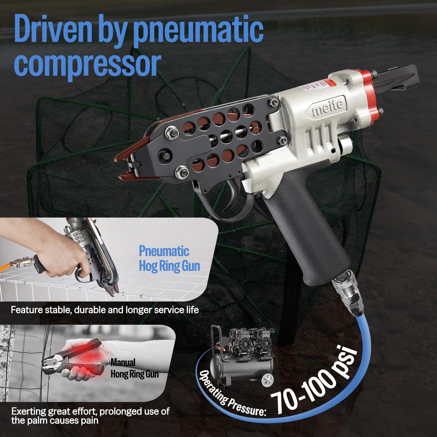 meite SC760C-I2 16GA 1/2-Inch Pneumatic Hog Ring Gun with 3,600 PCS Stainless C Ring Staples for Wire Fencing or Securing Fastening