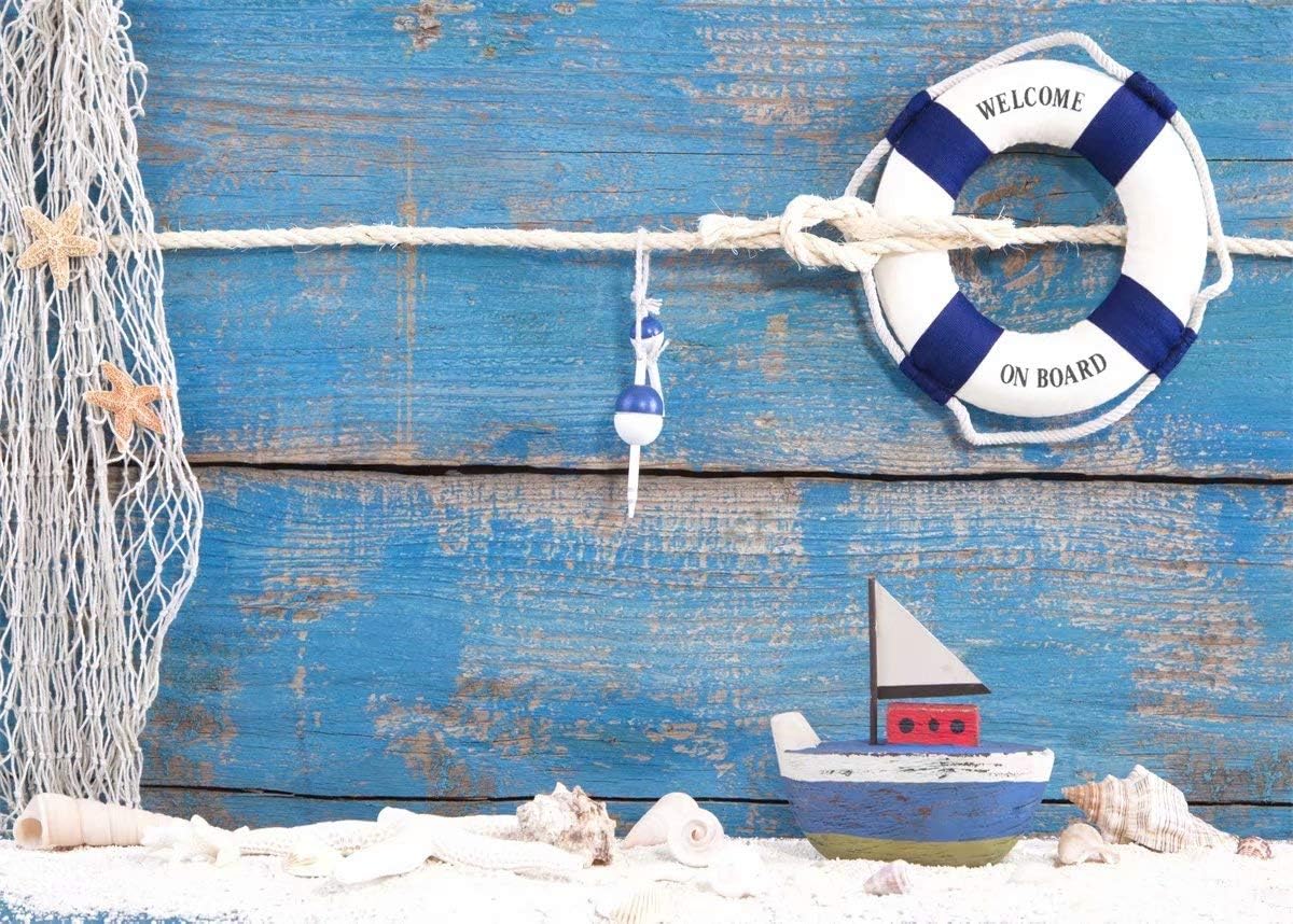 BELECO 5x3ft Fabric Nautical Backdrop Life Buoy and Toy Boat Shells on Blue Wooden Background Phtography Backdrop