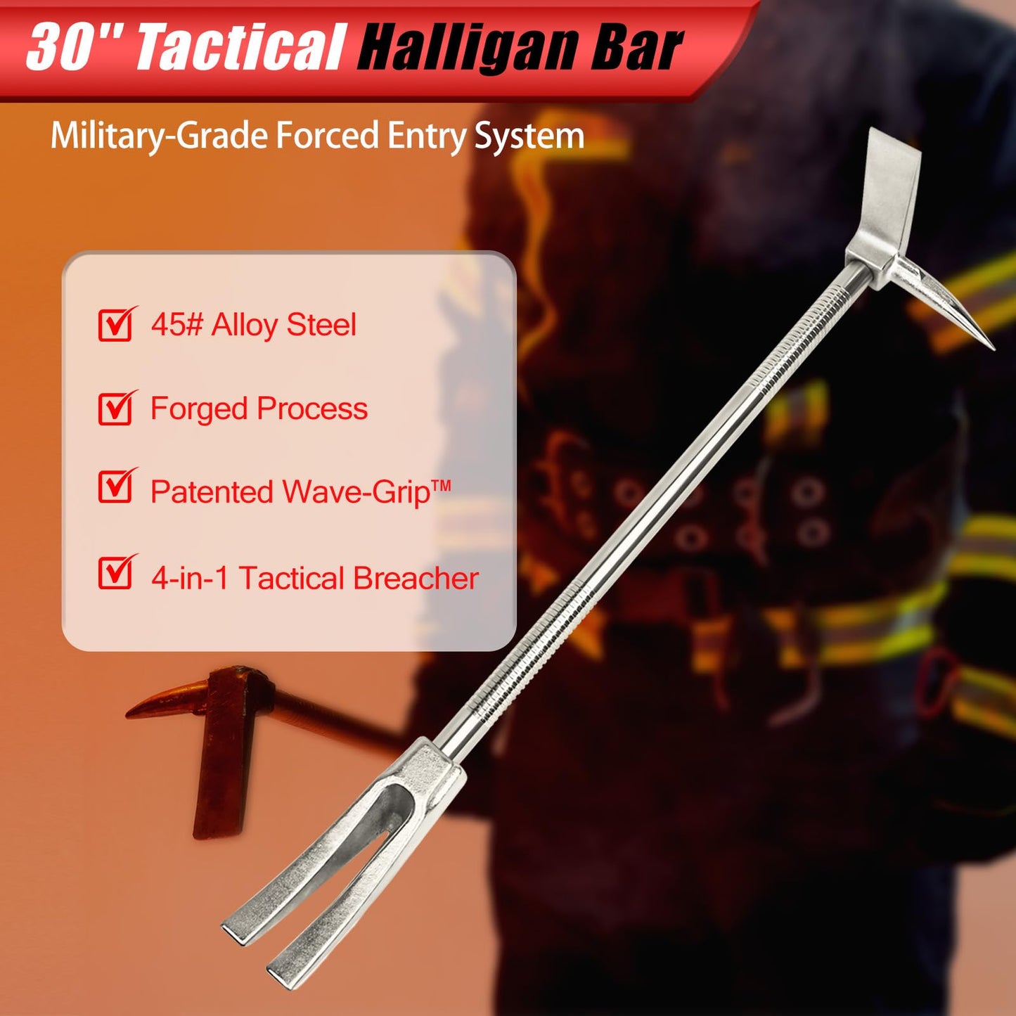 30" Halligan Bar Firefighter Tool - Forged Steel One-Piece Construction | Fork Gap Design