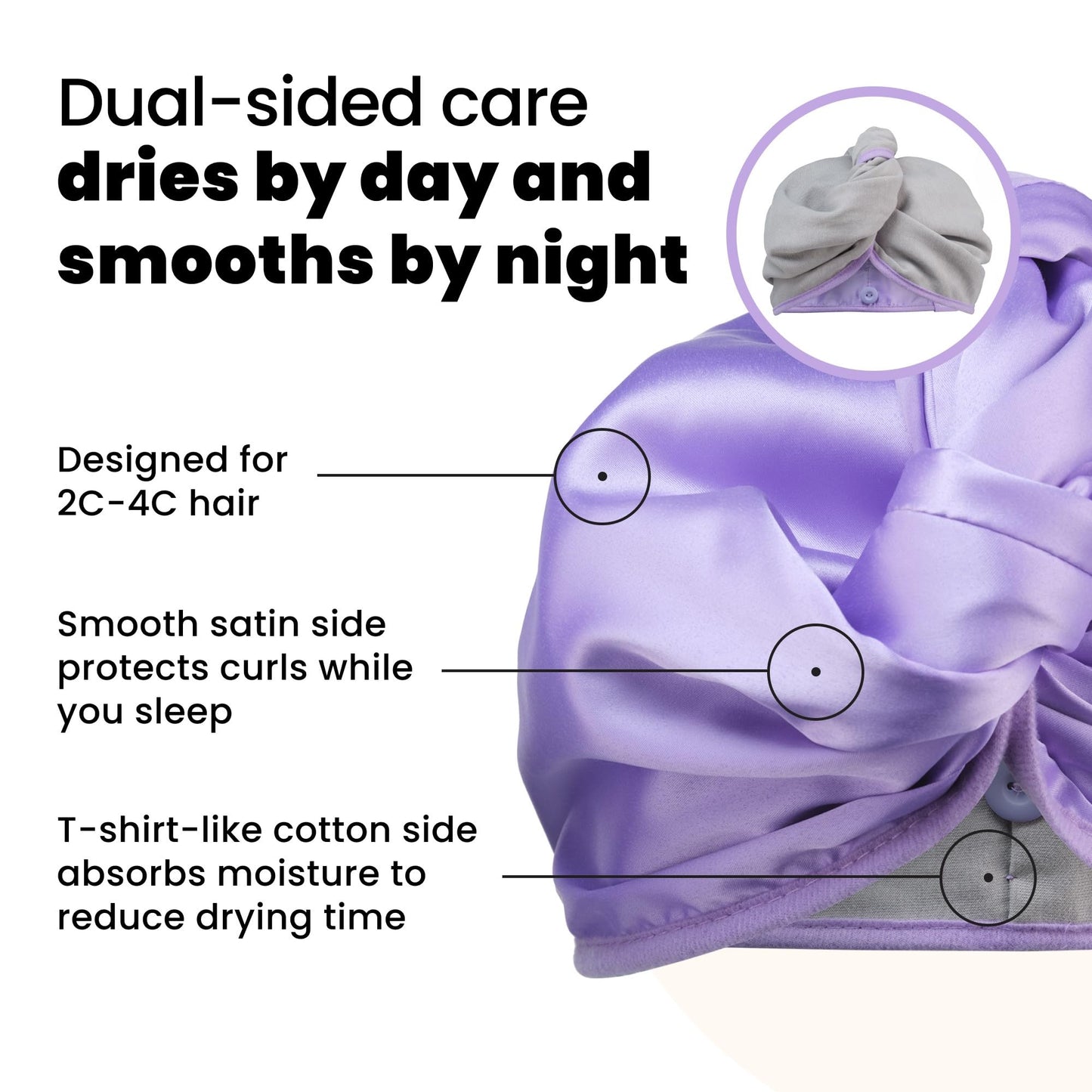 TANGLE TEEZER Double Sided Hair Towel Wrap with Smoothing Satin & Soft Cotton Jersey to Absorb Water & Minimize Frizz, for Curly Hair Types 2C-4C