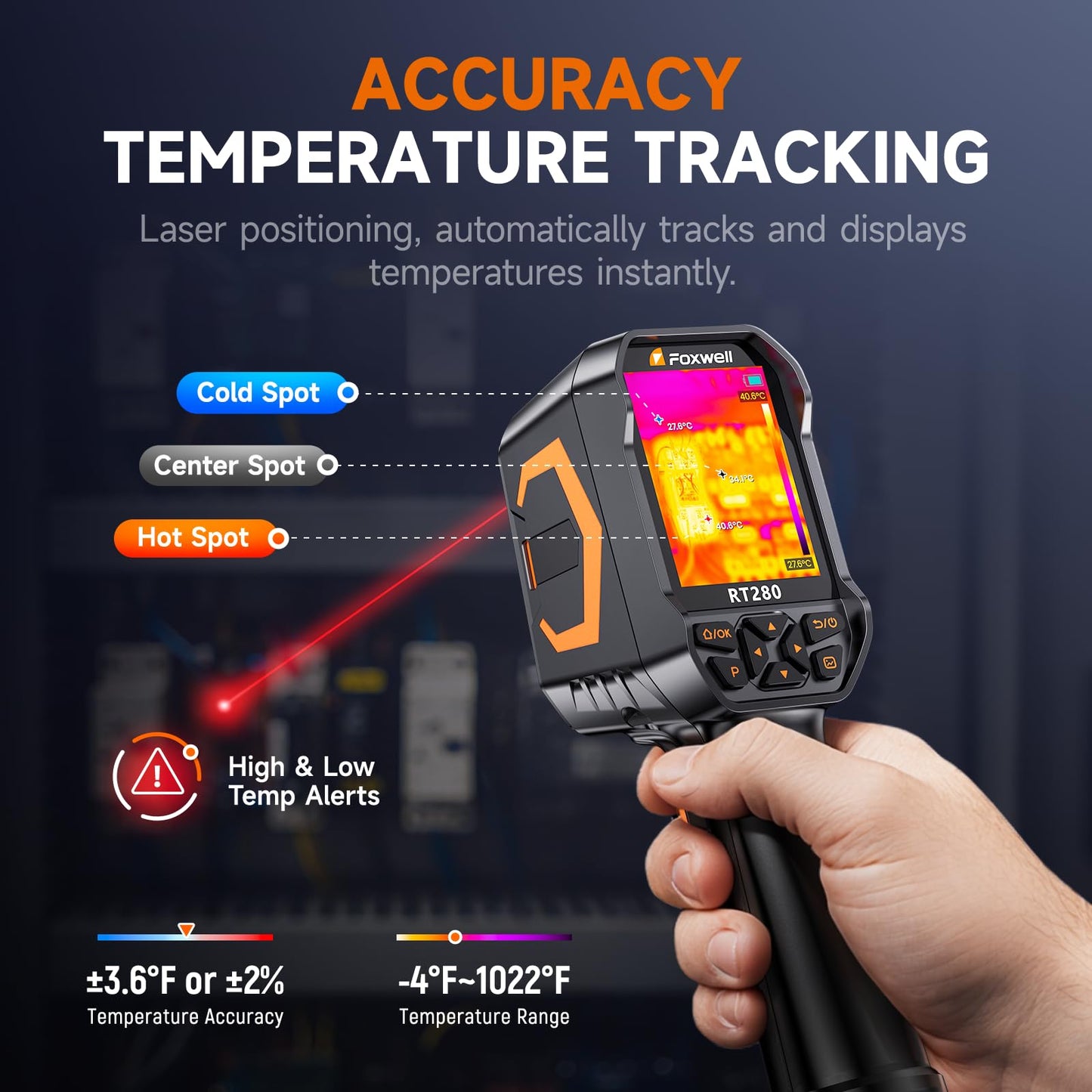 FOXWELL RT280 Thermal Imaging Camera, 320 X 240 2.8" LCD Screen Thermal Camera, TISR Resolution 240 x 180, 25Hz Handheld Infrared Cameras with Laser, PC Analysis, Photo & Video Recording, 8GB