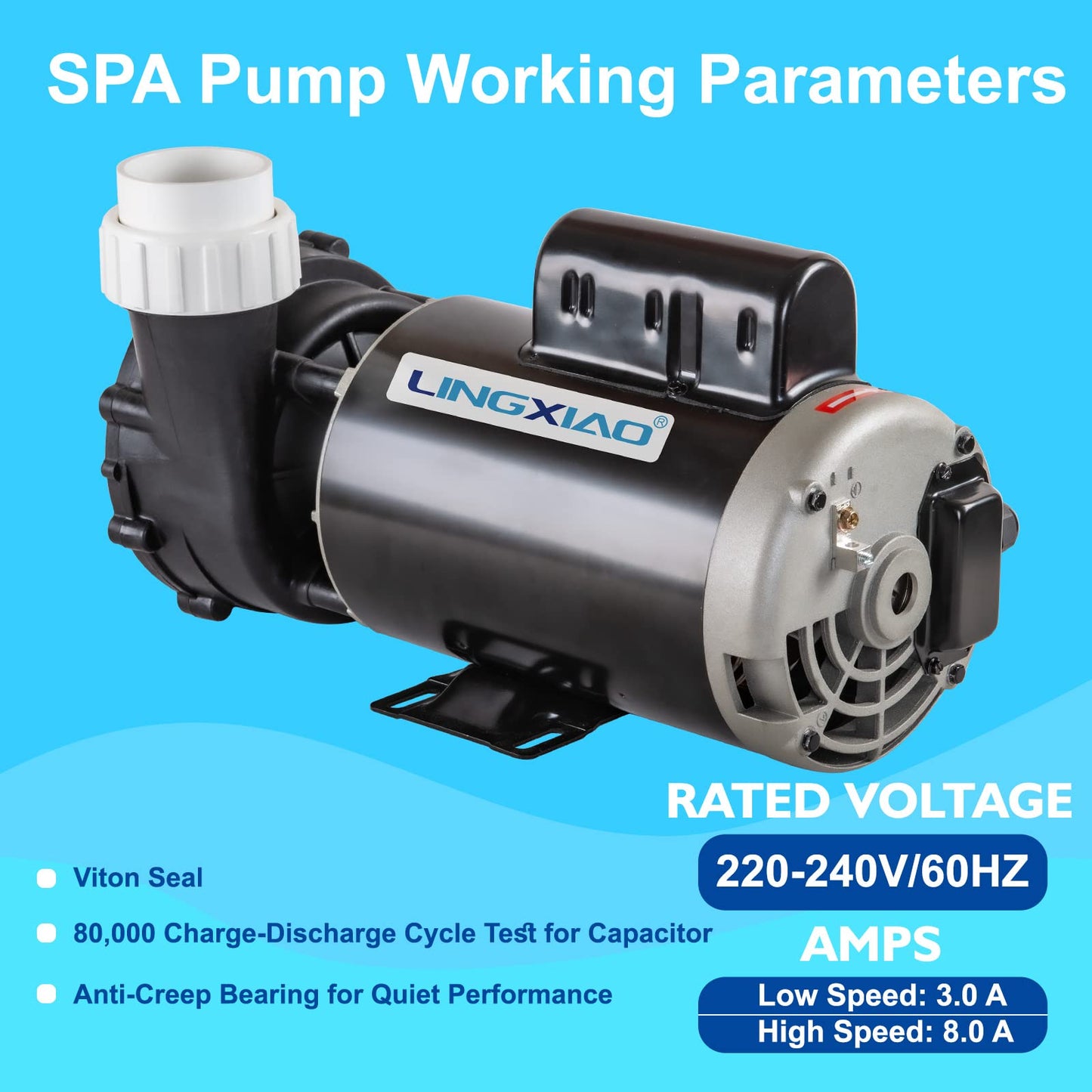 LINGXIAO WUA200-II SPA Pump, 2 Speed Hot Tub Pumps 2HP - LX SPA Pump Motor 220V-240V, 2" Port, 56 Frame (Mode:56WUA200-II）
