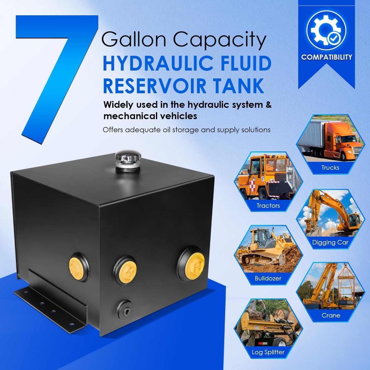 7 Gallon Hydraulic Fluid Reservoir Oil Tank for Tractors, Trucks & Log Splitters w/Breather Strainer Fill Cap, Built-in Temp Gauge & Sight Gauge, Heavy Duty 14 Gauge Steel, Horizontal-Mount