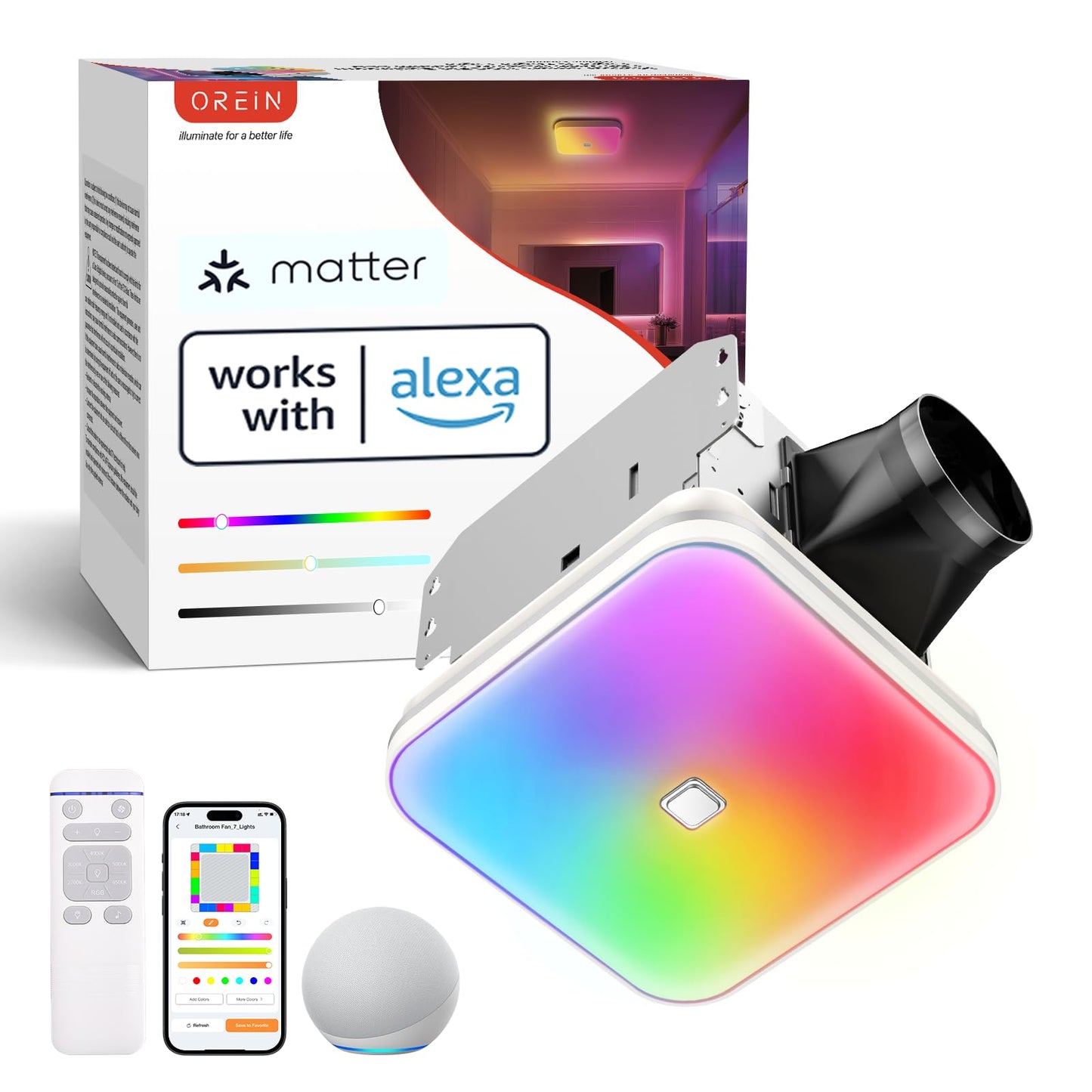 OREiN Matter Smart Bathroom Fan with Light (No Speaker), 110 CFM Quiet Ventilation Fan, 2700K–6500K & RGB Mood Lighting, App/Voice/Remote Control, Alexa/Google/Apple Home, Fits 7.36" x 7.68" Cut-Out