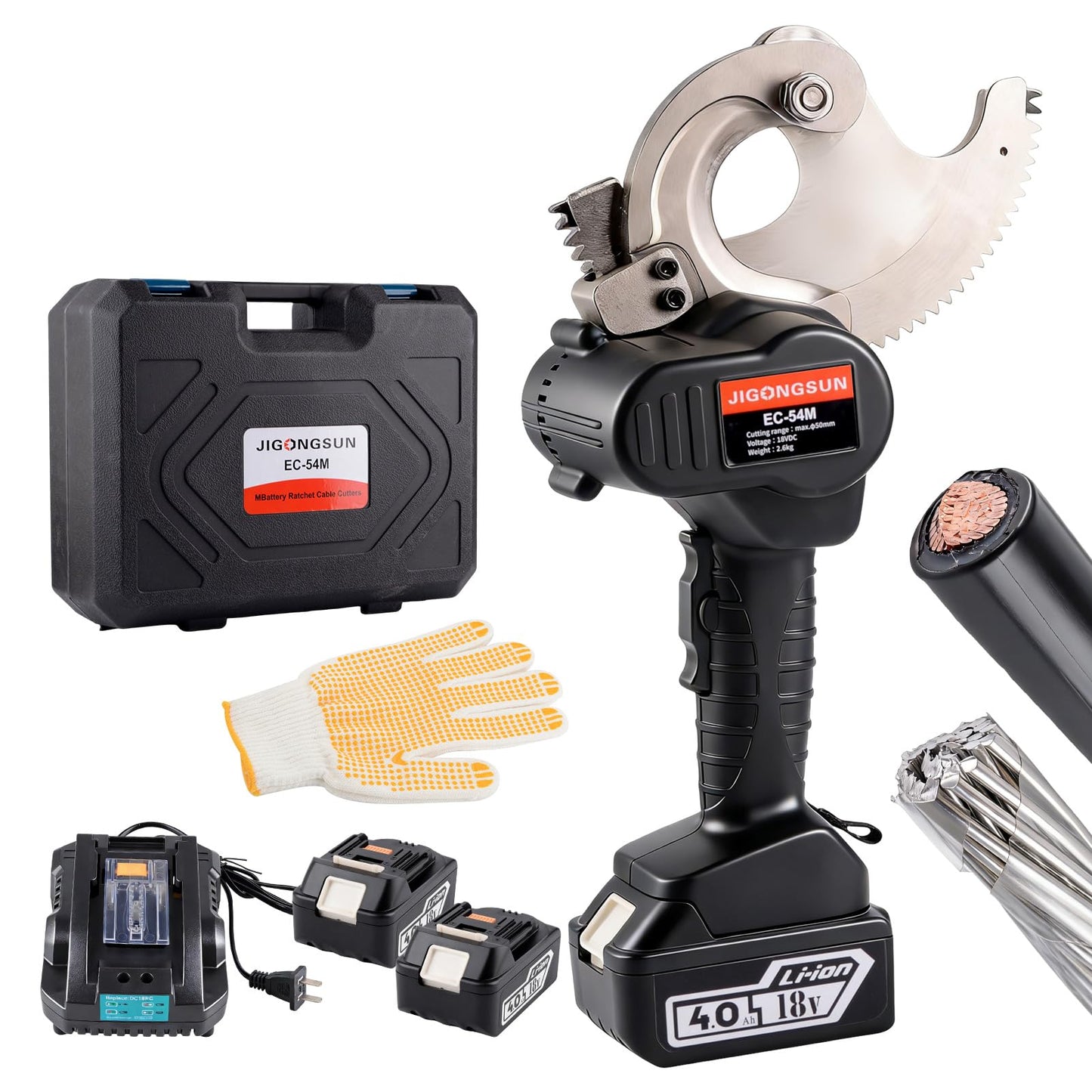 JIGONGSUN 18V Pro Battery Cable Cutter for 1000 MCM Copper / 1250 MCM Aluminum - Heavy Duty Ratcheting Wire Cutters with Alloy Steel Blades, Anti Slip Grip