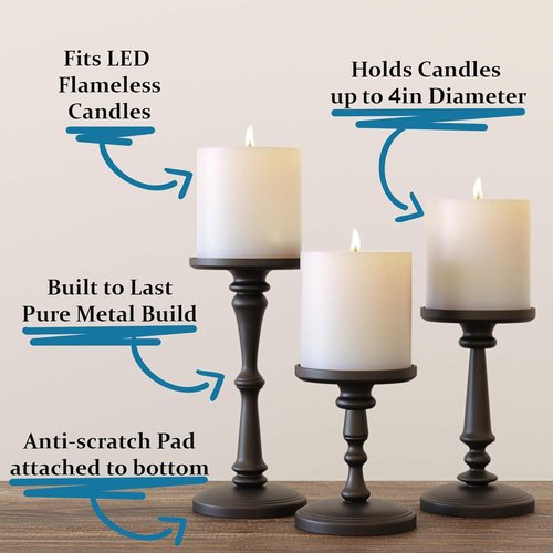 Matte Black Candle Holders Set of 3 - Stylish Metal Holders for Pillar & LED Candles - 6, 8 & 10 Inch Tall