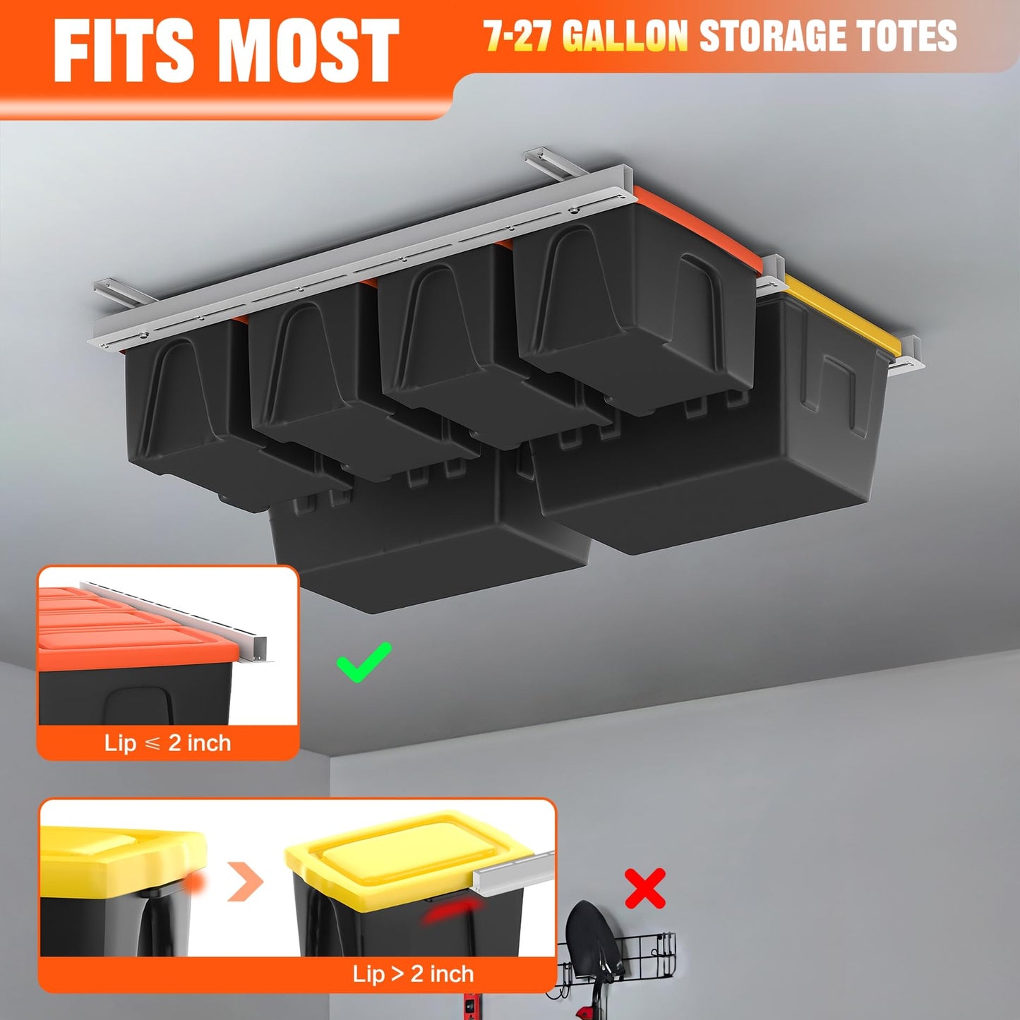 TORACK Garage Ceiling Bin Storage Rack, Overhead Tote Storage Rail System Heavy Duty Adjustable Tote Slide Rails Garage Bins Storage System(White, Bins are not included)
