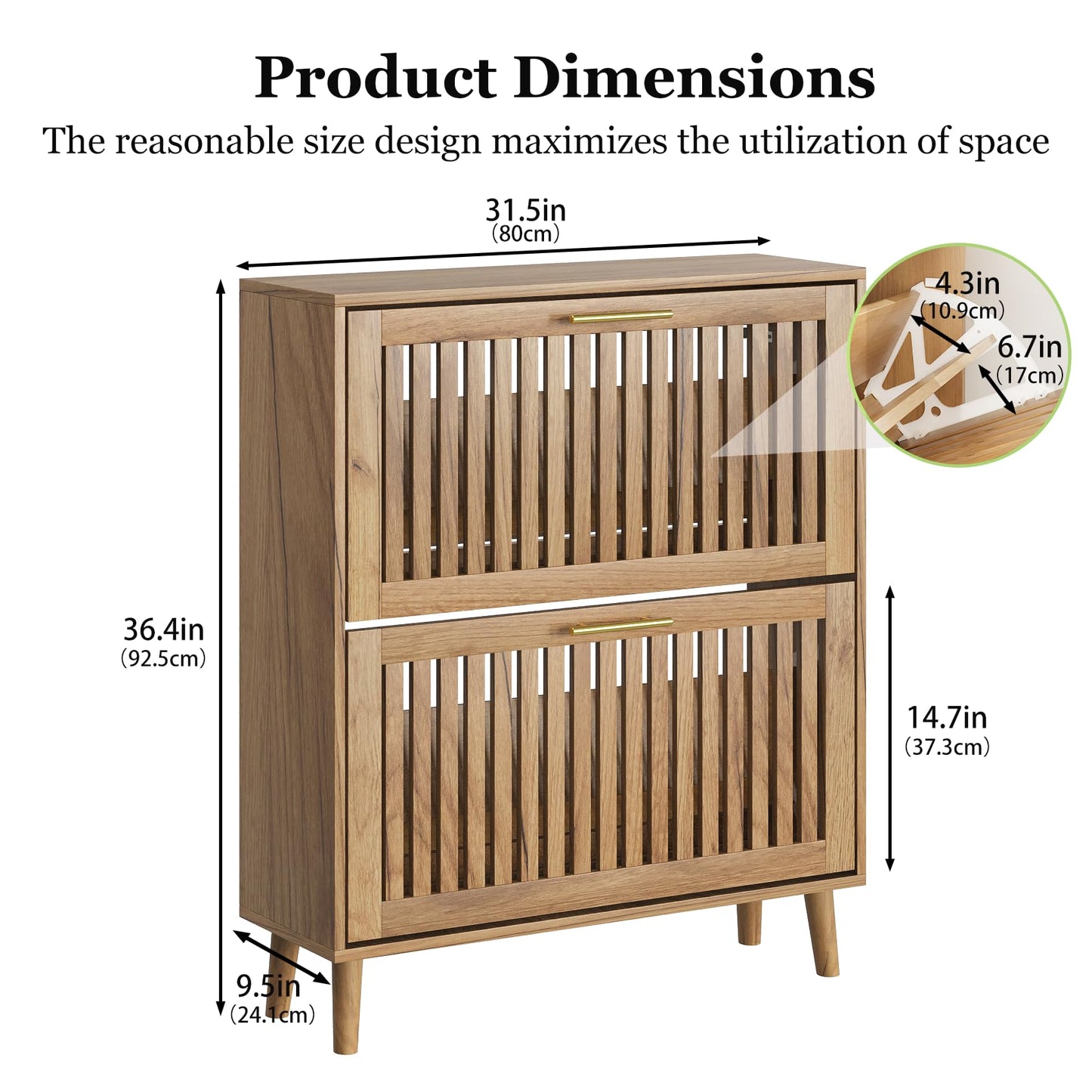 Shoe Storage Cabinet with Louvered 2 Flip Drawers, Narrow Shoe Cabinet Storage for Entryway, Freestanding Shoe Organizer Cabinet with Golden Handles, Slim Shoe Rack Cabinet 31.5in(Natural Wood)