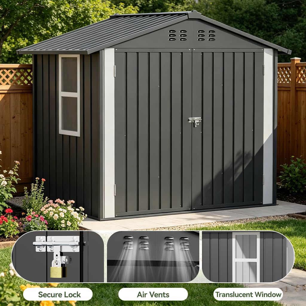COMHOMA Outdoor Storage Shed with Window,Metal Lockable Garden Toolhouse, Ventilated Weather-Resistant Backyard Utility Workshop for Storage(Light Grey,6x4ft)