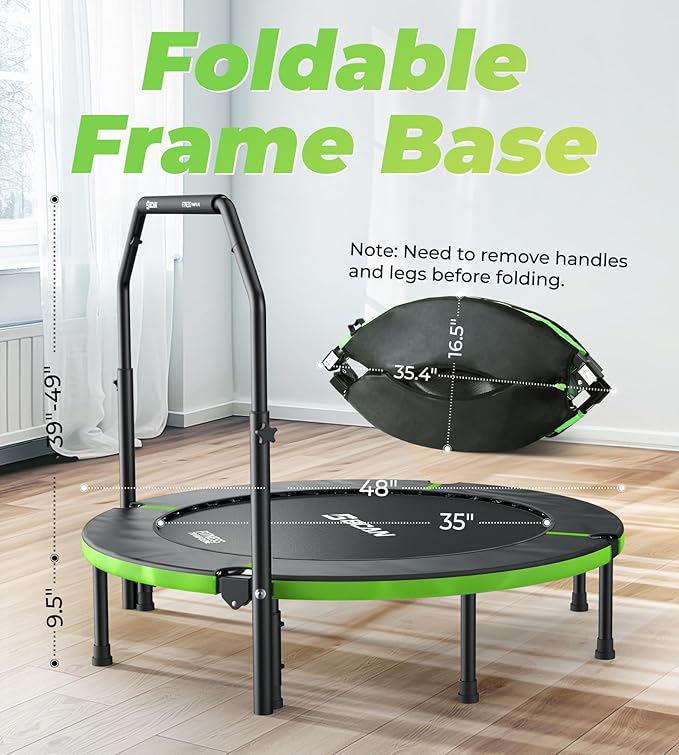 BCAN 40"/48" Foldable Mini Trampoline, Rebounder Trampoline for Adults, U/T Adjustable Foam Handle, Exercise Rebounder for Adults Indoor/Garden Workout, Max Load 330lbs/440lbs