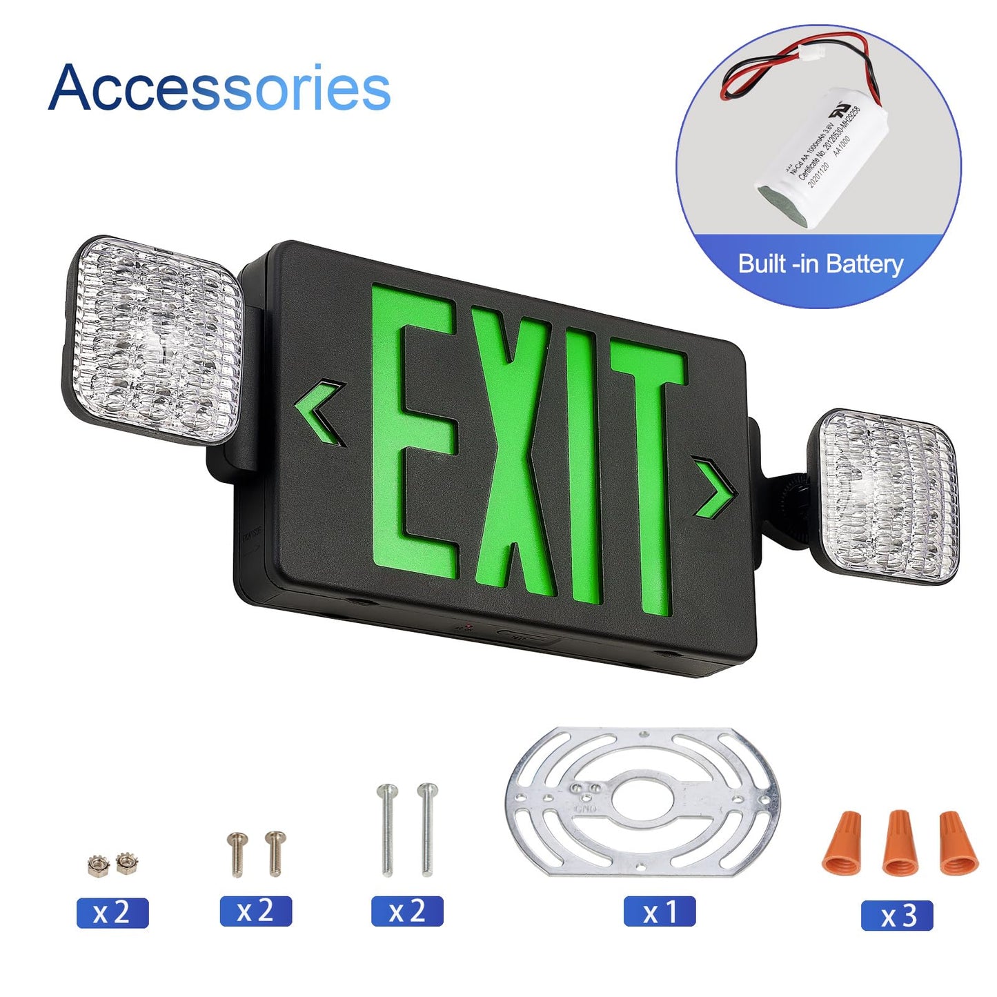 GZRUIYANG Black Housing Exit Sign With Emergency Lights Green, LED Exit Light With Battery Backup, UL 924 Certified, AC 120/277V, Commercial Lights Combo for Business - 2 Pack