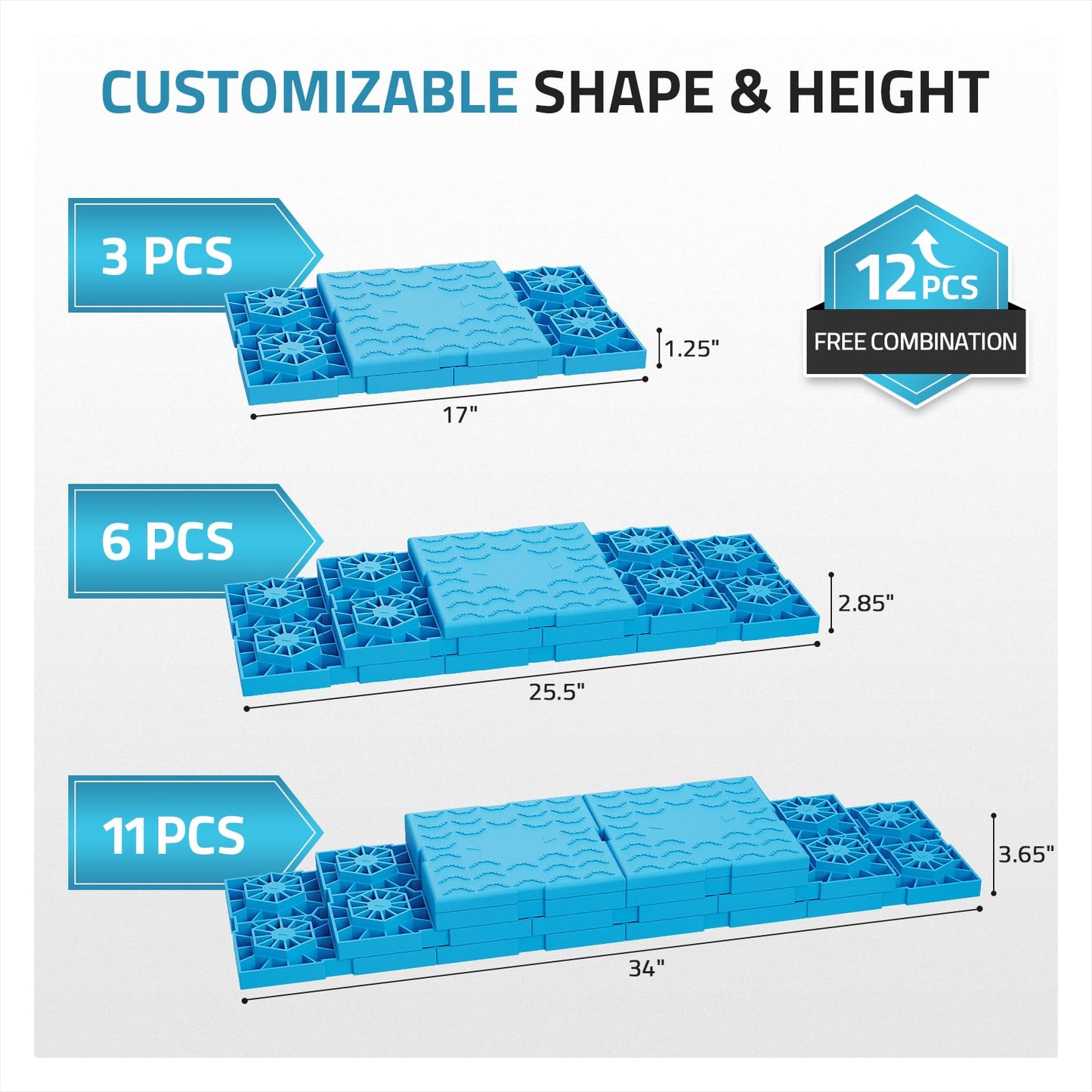PAULINN RV Leveling Blocks 12 Pack, Heavy Duty Camper Leveling Blocks with 2 Velcro Straps, Interlocking Sturdy RV Blocks for Single & Dual Wheels, Stackable Jack Blocks, Customizable Height, Blue