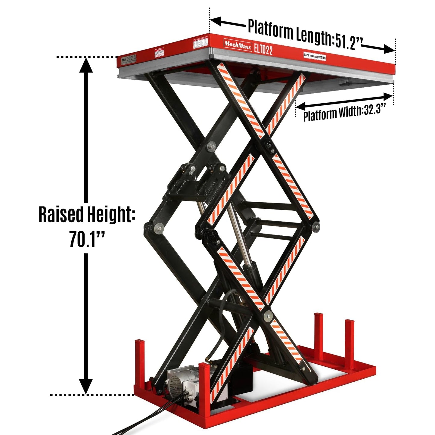 Mechmaxx 2200 lbs Capacity Stationary Electric Hydraulic Double Scissor Lift Table – 63" x 39.4" Platform, 70.1" Lift Height, UL Certified Motor, UL Certified Motor,Model ELTD22