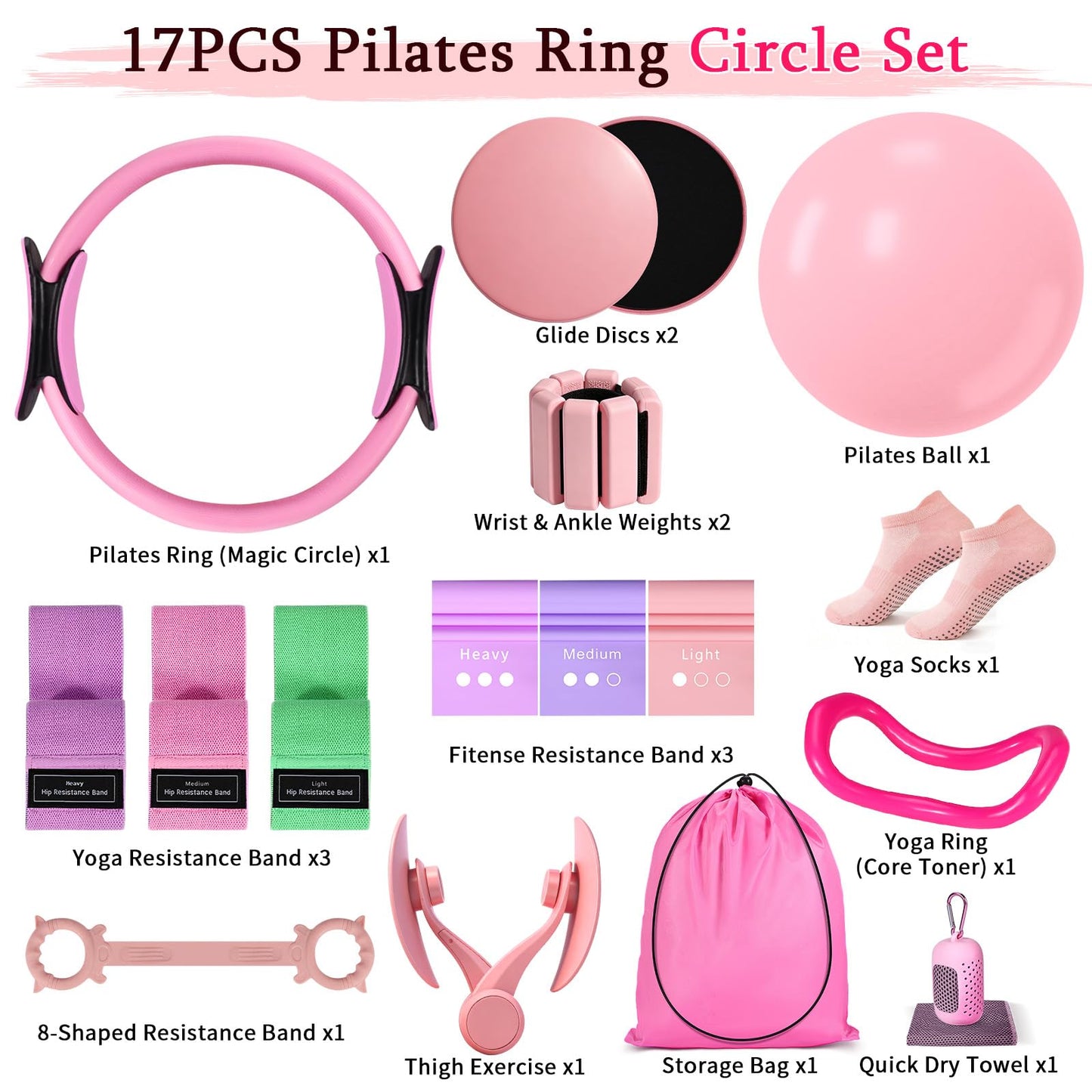 Pilates Kit for Women,17PCS Home Pilate Equipment Essentials, 12.6" Pilates Ring Ball Set with Resistance Bands, Ankle Weights, Sliders,Thigh Trainer, Yoga Strap,Socks Accessories for Home Workout