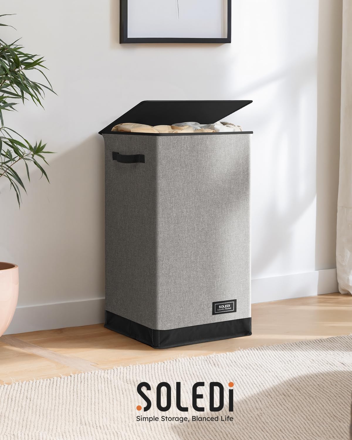 SOLEDI Laundry Hamper - 90L Large Collapsible Basket with Lid & Removable Bag - Grey