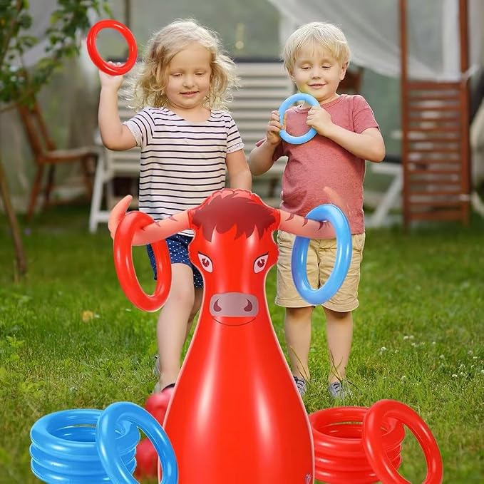 Inflatable Bull Toss Ring Game Set Include 2 Inflatable Bull 12 Rings for Summer Outdoor Beach Pool Cowboy Fiesta Rodeo Party