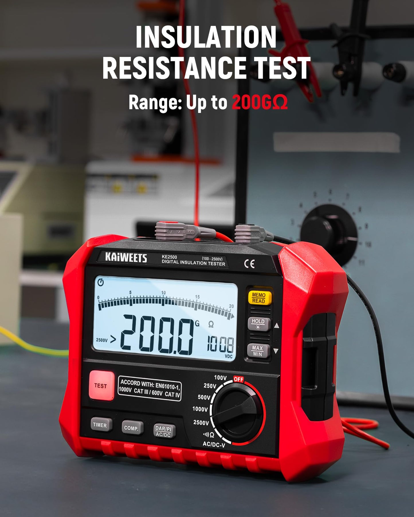 KAIWEETS Insulation Resistance Tester, Up to 200GΩ, Pro Megohmmeter, 5 Range 100V/250V/500V/1000V/2500V, One-Toch DAR/PI, Max/Min, Measures Resistance, AC/DC Voltage for HVAC, Motors, Solar, KE2500