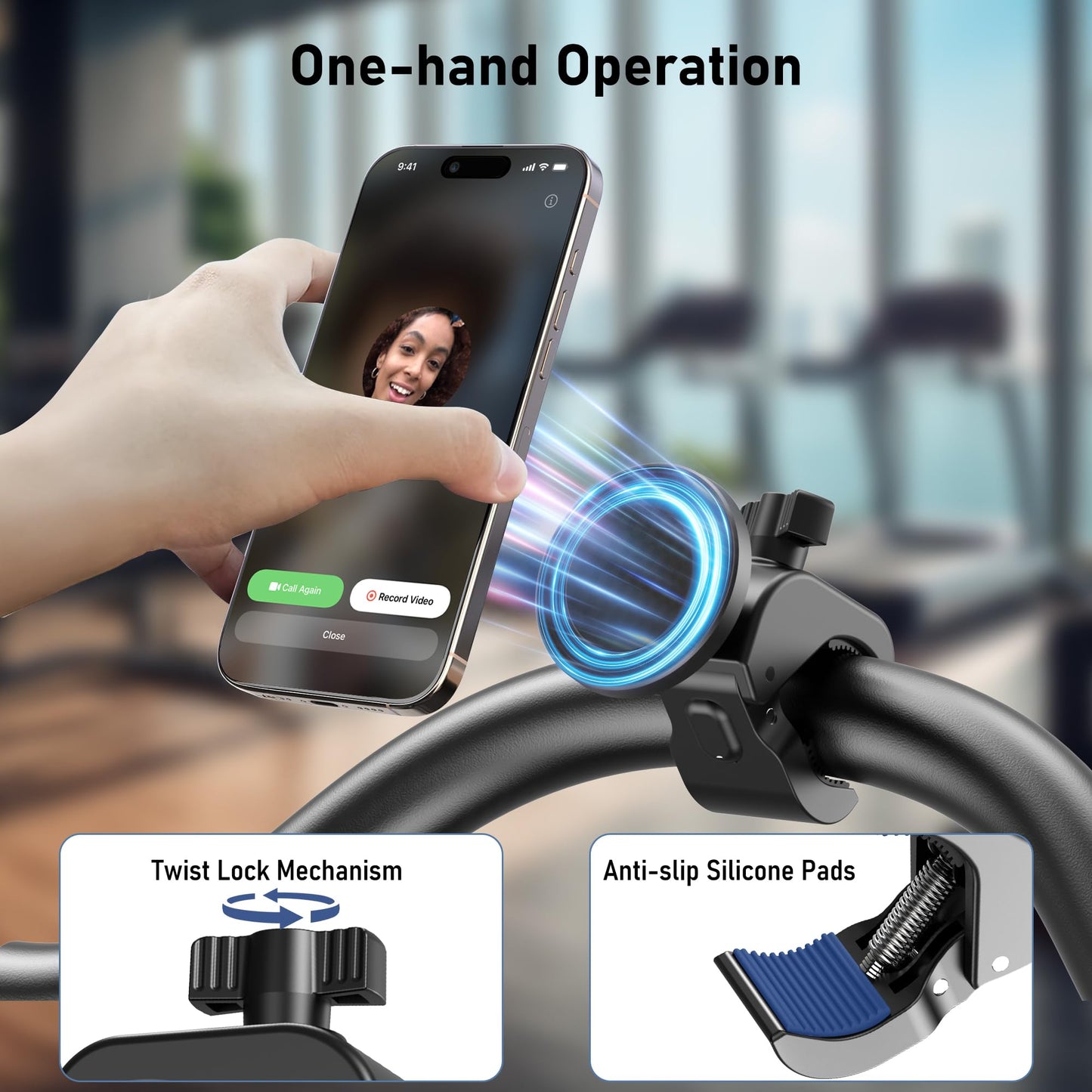 Magnetic Phone Holder Clamp Mount – 20 x N52 Strong Magnet Mount for Gym, Spin Bike (Fits Peloton), Treadmill, Stroller, Golf Cart, Shopping Cart – Compatible with Mag-Safe iPhone 12-17 Series