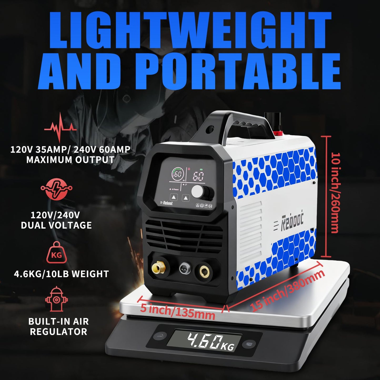 Reboot 60A Plasma Cutter, Large LED Display, 120/240V Synergic IGBT Inverter Cutting Machine, 1/2 Inch Clean Cut, 5/8 Inch Max Cut, Post Flow and 2T/4T, Built-in Air Regulator, for Beginners DIY Use