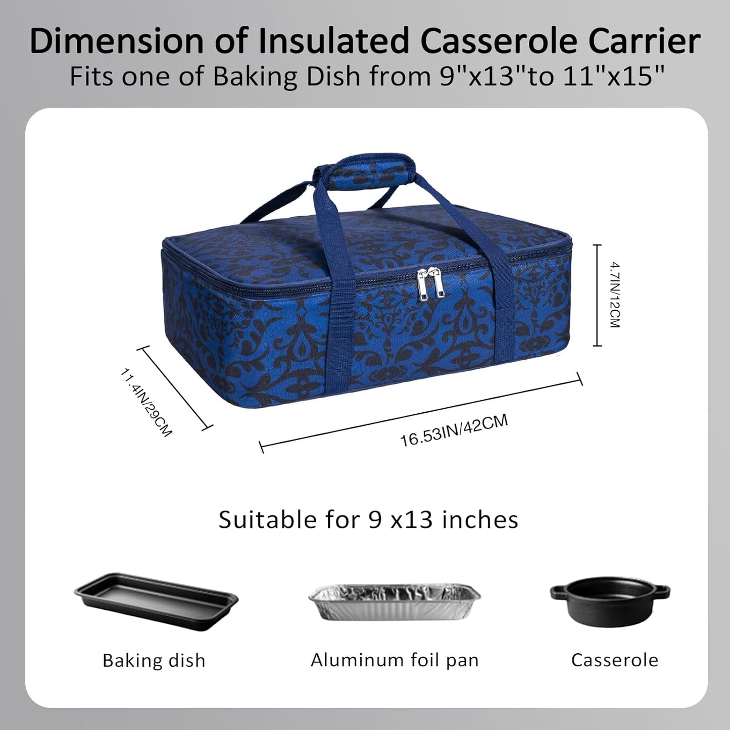Skiennix Insulated Casserole Carrier Bag - Portable Tote for Hot/Cold Food | Fits 9x13" Dish - Blue/Black