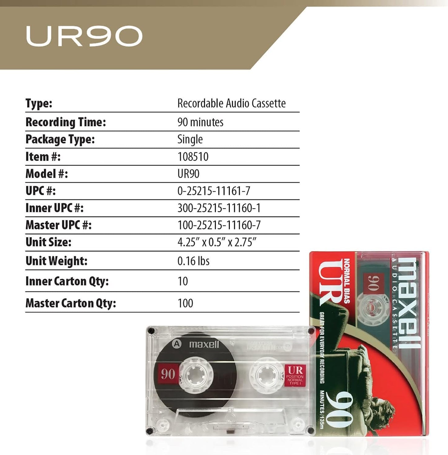 Maxell 90 Cassette 90 5 Pack UR Normal Bias Blank Audio Recording Tape, Low Noise, Minute Recording Time