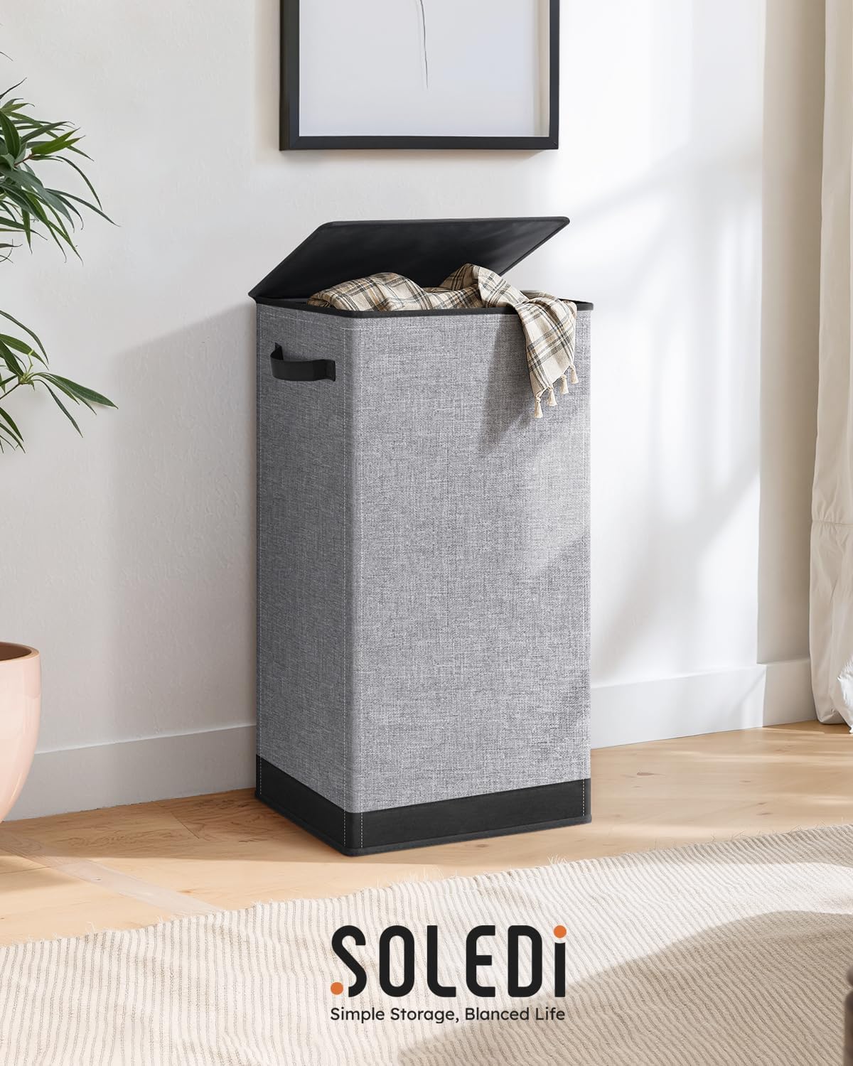 SOLEDI Laundry Hamper - 100L Collapsible Clothes Basket with Lid & Removable Bag | Grey